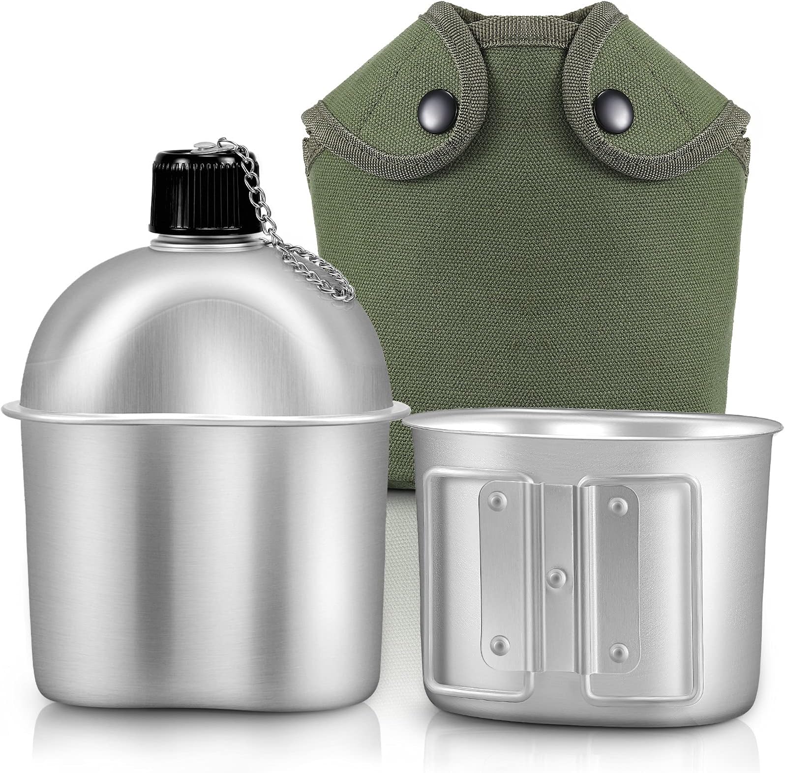 Military Canteen Cookware Set Include 1 QT Military Army Aluminum Alloy Canteen 0.5 QT Multi-Functional Water Bottle with Grab Handled Cup Green Canvas Cover Bag for Outdoor Camping Hiking