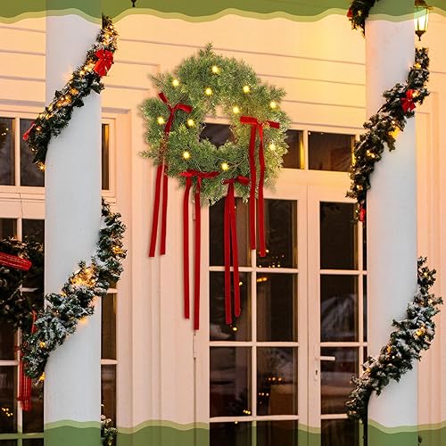 Miniatura 5 de Guirnalda de Navidad de 6 pies con lazo rojo, guirnaldas de pino artificiales iluminadas con luces blancas, funciona con pilas, vegetación