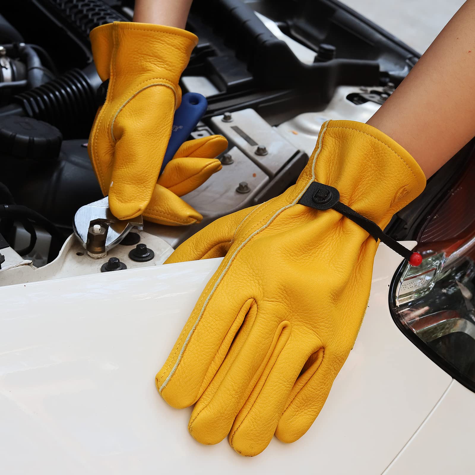 Gants de travail en cuir pour homme et femme, gants de jardinage, gants de travail en cuir de vache renforcé durable, résistants aux perforations et aux coupures (taille L, doré avec boucle)