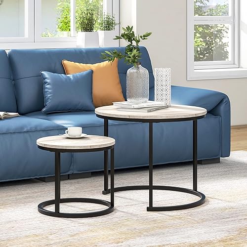 Miniatura 3 de BOFENG Mesa auxiliar redonda industrial para sala de estar, pequeña mesa de centro de madera rústica con marco de metal resistente, juego de 2 mesas