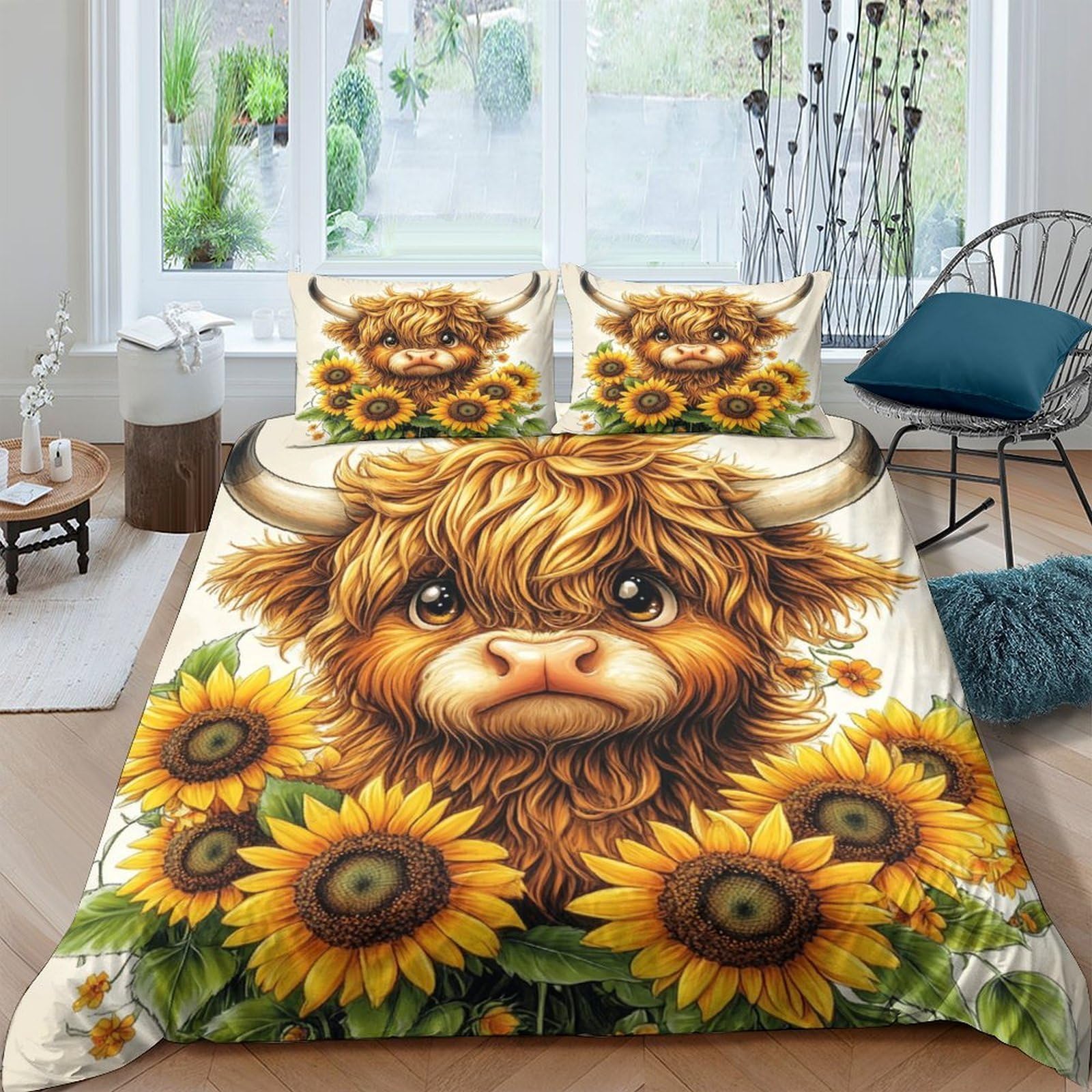 Ctjqhvkz Style-5 3D Printed Highland Cow Sunflower Fitted Sheet Microfiber Non-Slip Bed Cover For Bedroom Dorm Mattress Protection Decor Single（135X200cm）