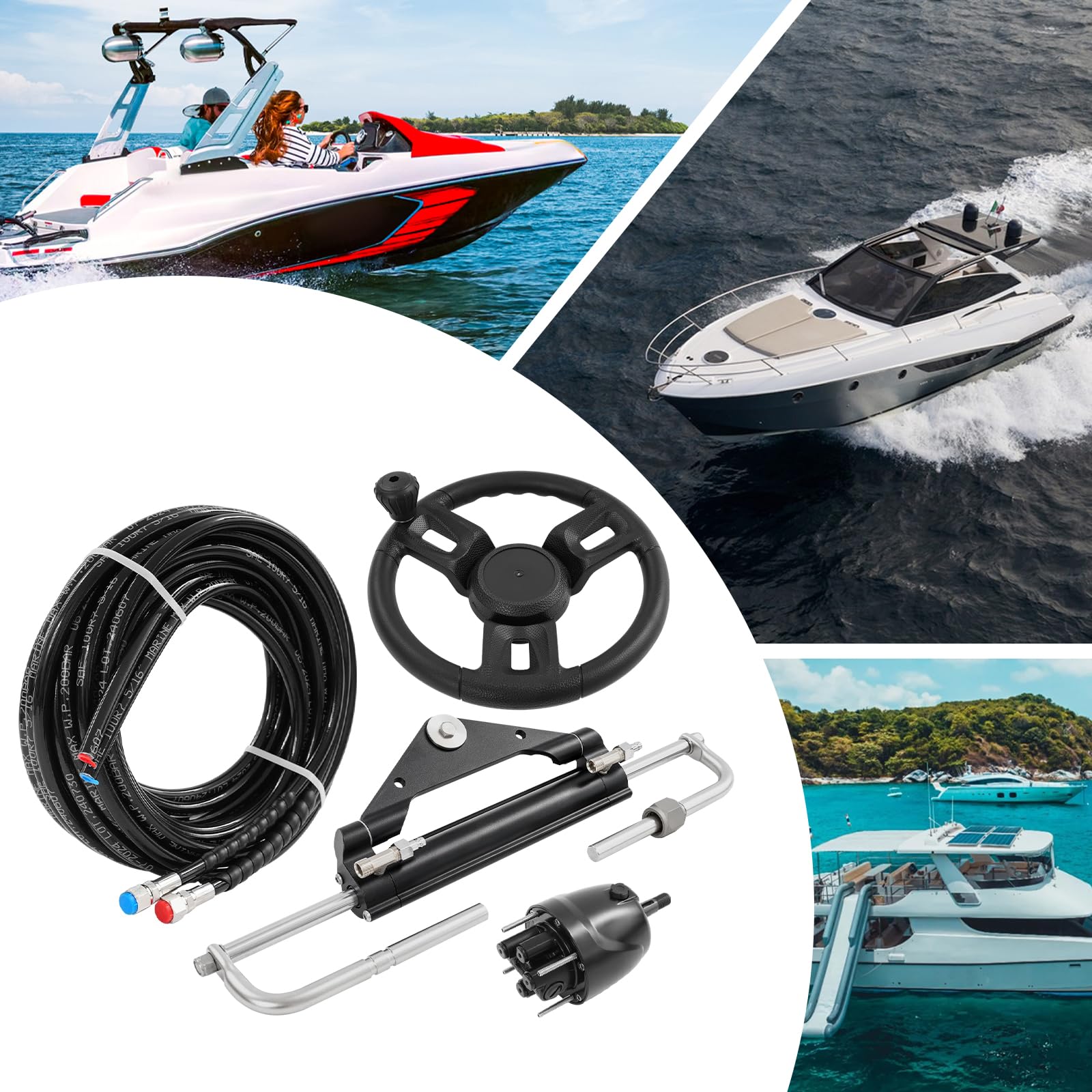 Kit de dirección hidráulica para fuerabordas hasta 150 CV, sistema de dirección de barco de 200 mm de carrera con bomba hidráulica, cilindro y mangueras. Sistemas de dirección marina para botes