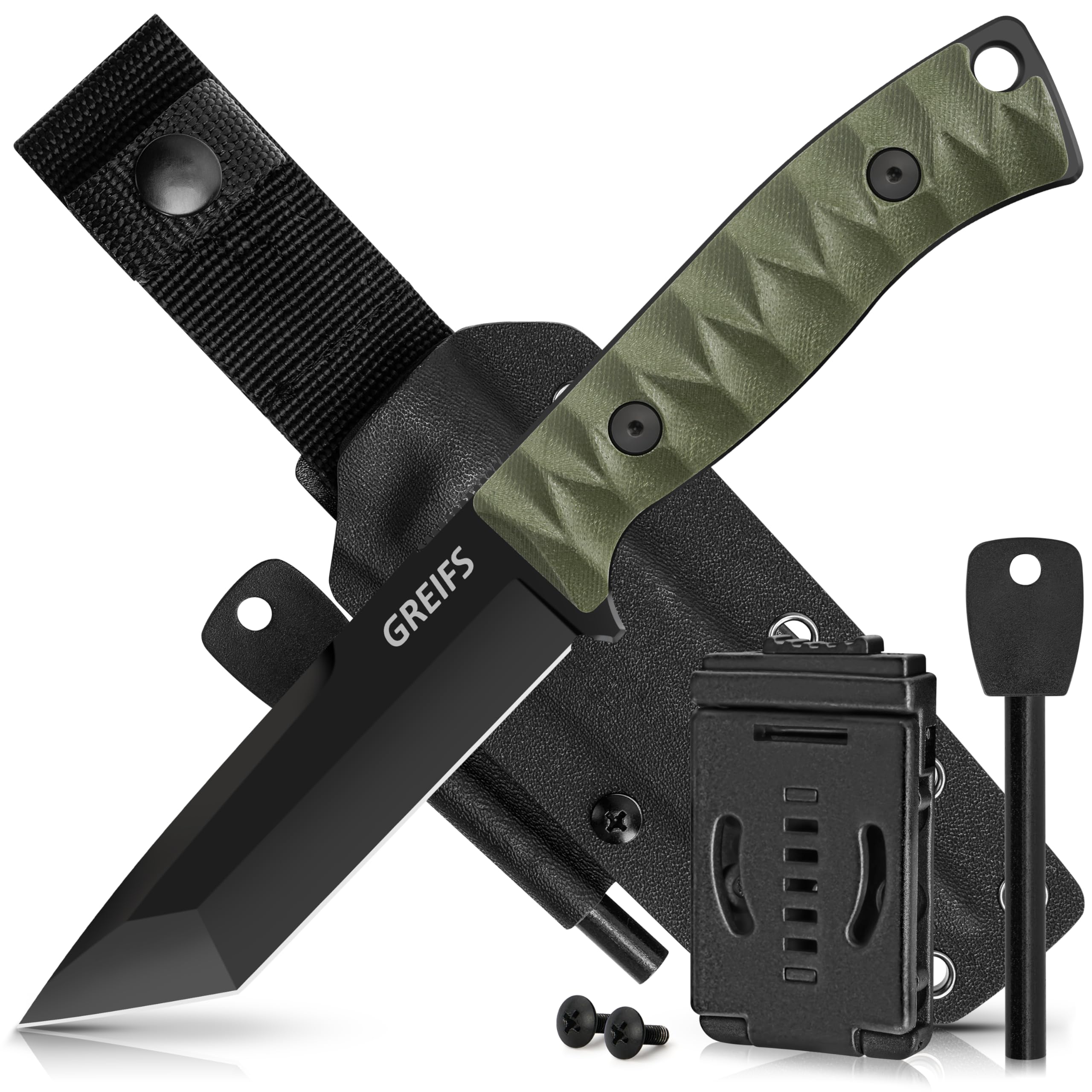 GREIFS® Outdoor-Messer Tanto aus D2 Stahl mit Kydex Holster und Feuerstahl, edles Survival Messer für die Bushcraft Ausrüstung, Jagdmesser, Schnitzmesser, Fahrtenmesser (RangerTanto/Schwarz-Grün)
