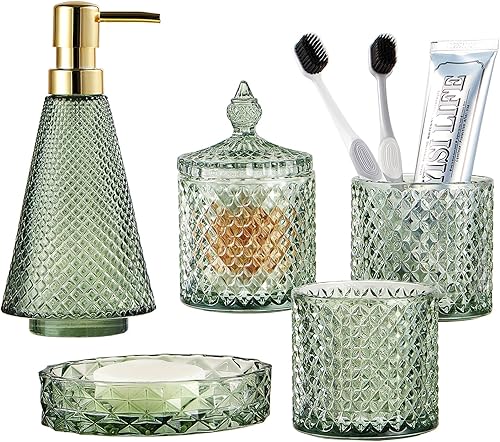 Juego de accesorios de baño, juego de 5 accesorios de baño de vidrio, decoración moderna de baño vintage, incluye dispensador de loción, 2 tazas