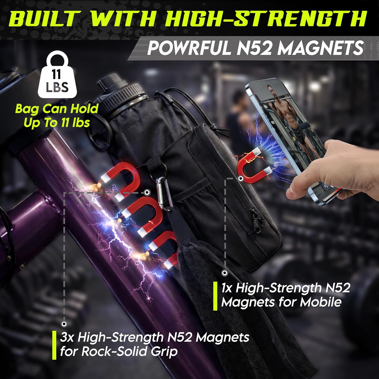 Magnetic Gym Bag & Magnetic Water Bottle Holder Set - 40oz Insulated Stainless Steel Bottle, Microfiber Towel, Cross Body Strap & Phone Holder Magnet - Gym Bag Essentials for Fitness, Work & Travel