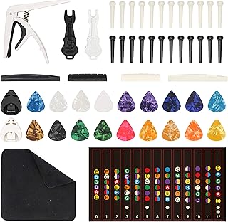 INKNOTE 53 PCS Guitar Accessories Kit-Acoustic Guitar Bridge Pins Pegs,Bridge Pin Puller Remover,Capo,Guitar Picks,Pick Holder and Guitar Saddle Nut,with Guitar Scale Sticker and dust-free cloth