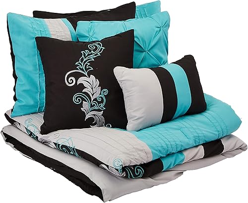 Vista 22 de Chezmoi Collection Napa - Juego de edredón de lujo de 7 piezas con bordado de hojas (tamaño matrimonial, negro/gris/blanco)