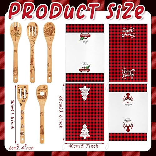 Miniatura 3 de Juego de 9 toallas de cocina de Navidad y cucharas de madera, paños de cocina a cuadros de búfalo, toallas de mano para camión de invierno, paños de