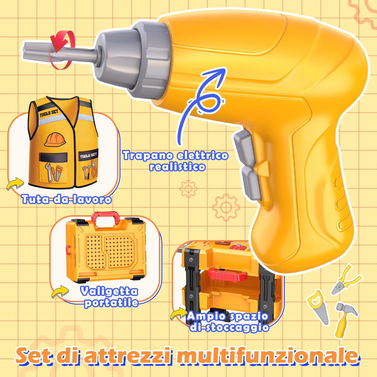 Giocattoli per Bambini Maschi 3-5 Anni: Banco da Lavoro con Trapano Elettrico Realistico, Veicoli da Costruzione Smontabili e Costume, Giochi Imitazione Educativi, Regalo Compleanno per Bambini