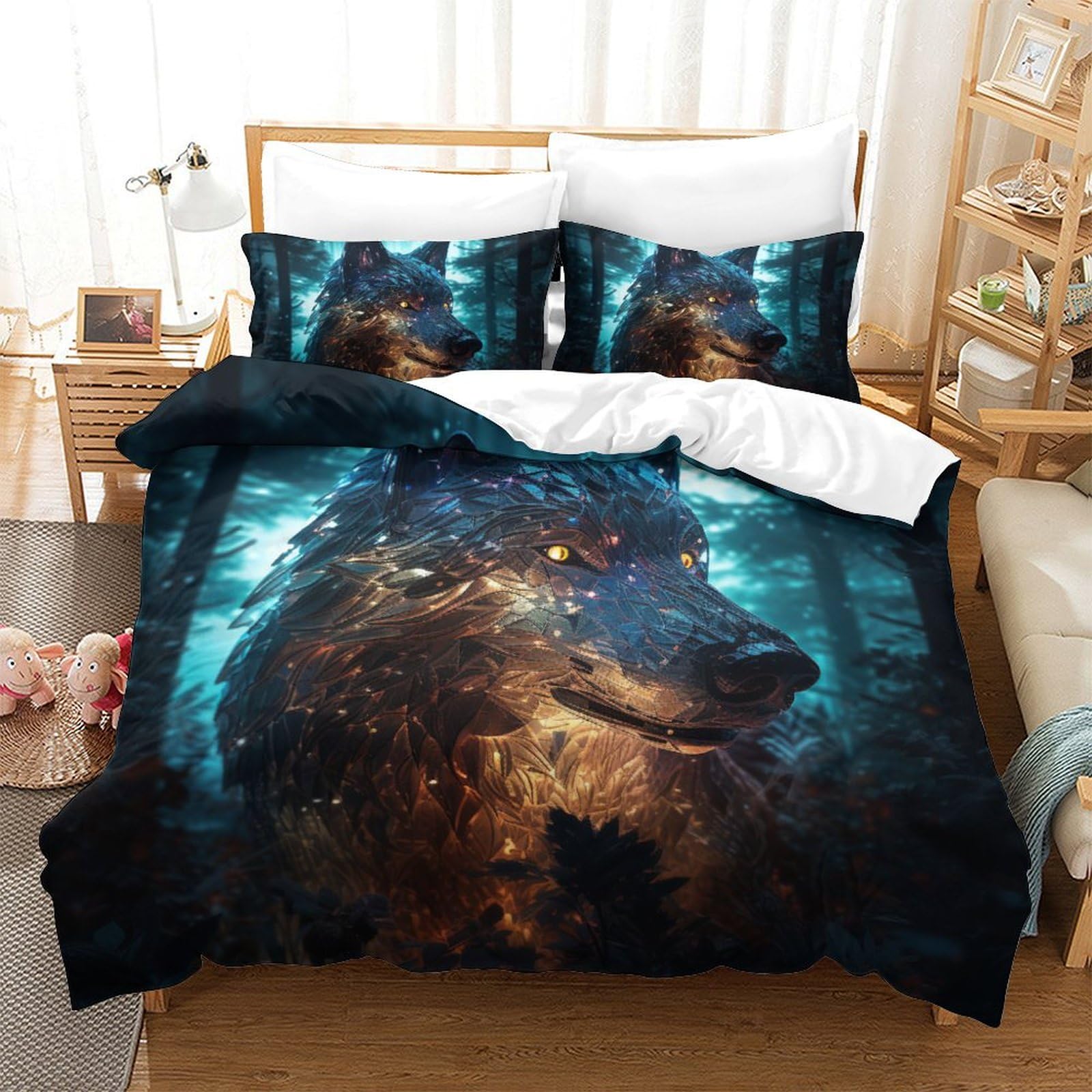 Housse de couette loup 3D imprimé parure de lit 3 pièces microfibre king 220x240