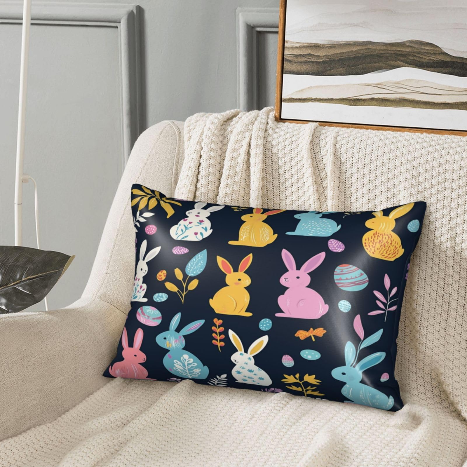 Happy Easter Rabbits Satin Pillowcase Bunny Eggs Leaves Silk Pillow Cases for Hair and Skin Slipping Body Pillow Cover with Zipper Queen Size 20x30 Pillowcase Decorative for Kids Bedroom