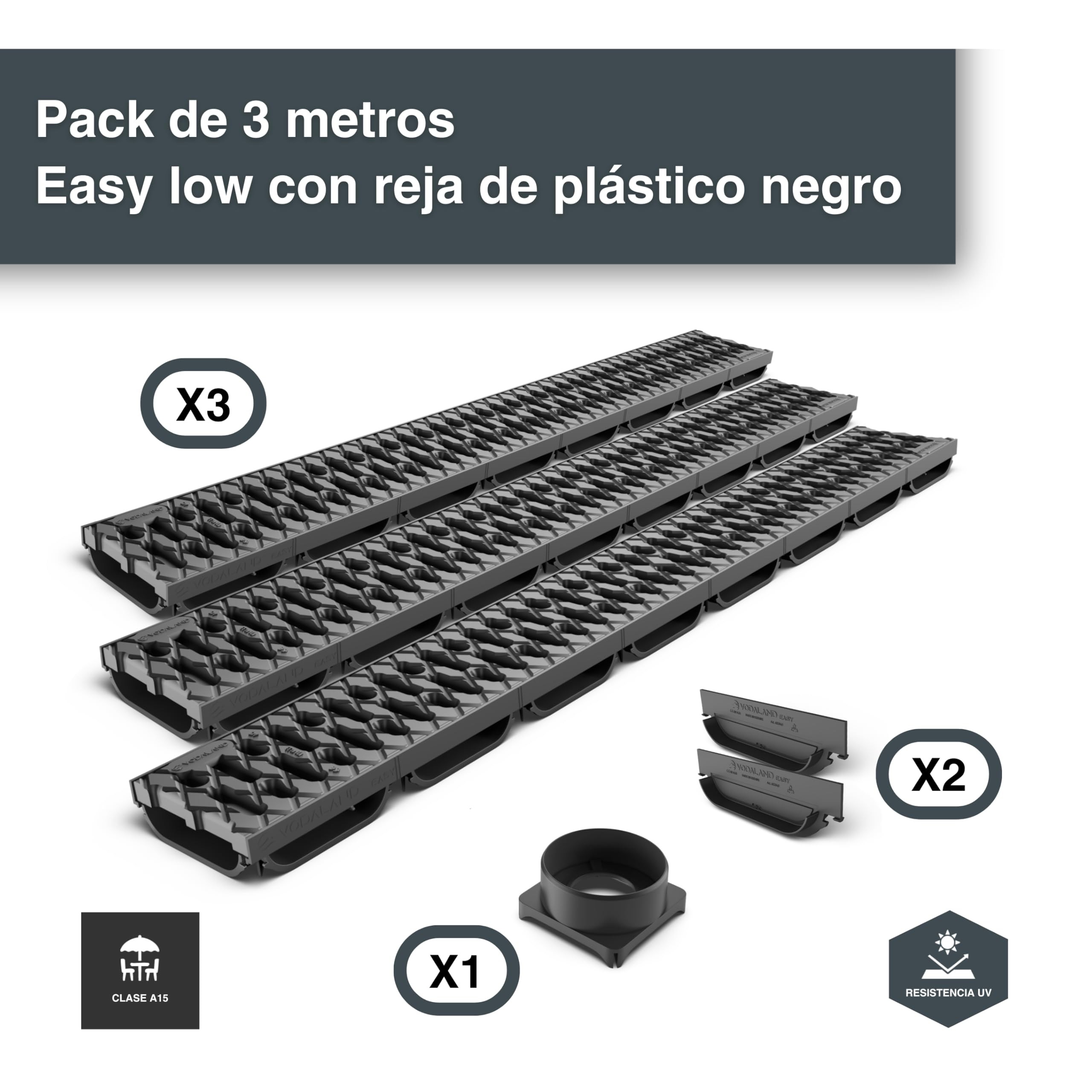 VODALAND EASY LOW – Canaleta de Drenaje con Rejilla de Plástico Negro | Perfil Bajo 40 mm | Clase A15 (hasta 1.500 kg) | Drenaje Discreto en Terrazas, Patios y Espacios Exteriores - Kit de 3 metros