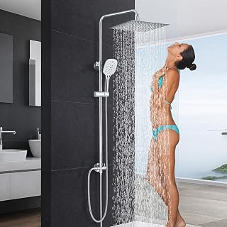 Regendusche Duschsystem Edelstahl Duscharmatur Ohne Armatur Set Duschstange mit brause Duschkopf mit Schlauch und Halterung 3 Strahlarten,30x30cm Eckig Kopfbrause Duschset,Chrom
