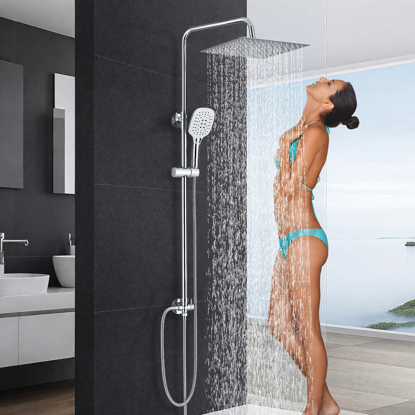 Colonne de Douche Sans Mitigeur,Colonne de Douche Chromé avec Tête de Douche Carré 30x30 CM Pour Baignoire Hauteur Réglable avec Pommeau de Douche en ABS
