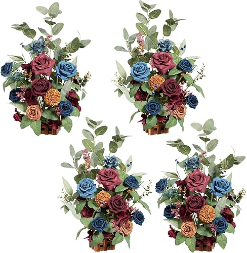 Ling's Moment Camino de pasillo de otoño, arreglo de flores, decoración para silla de boda, 4 piezas, flores falsas artificiales, borgoña y rosa