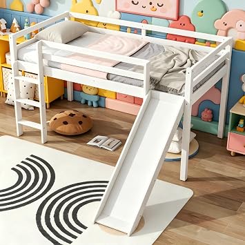 PVWIIK Twin Size Loft Bed with Slide,White
