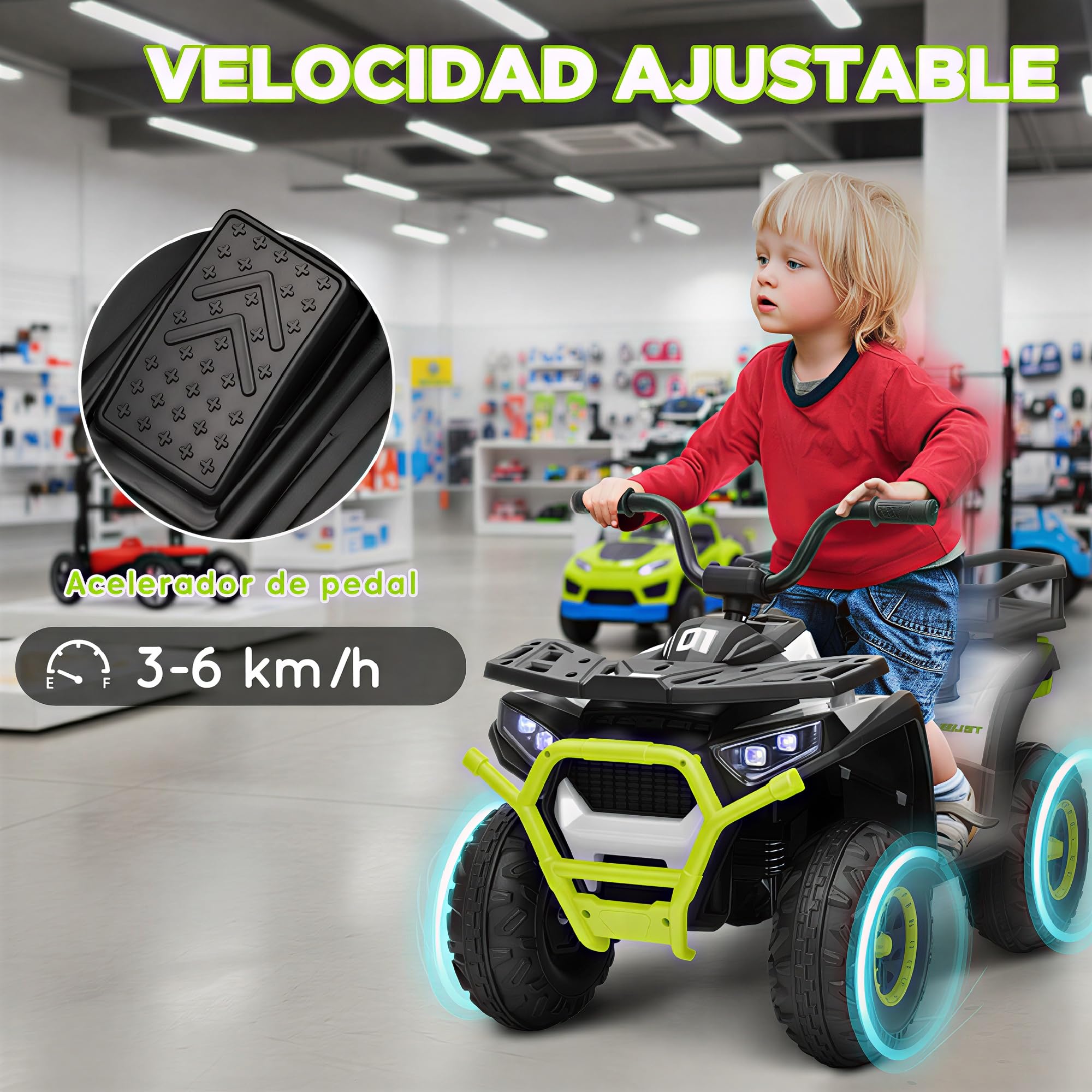 AIYAPLAY Quad Eléctrico para Niños 12V a Partir de 3 Años 3-6 km/h Verde