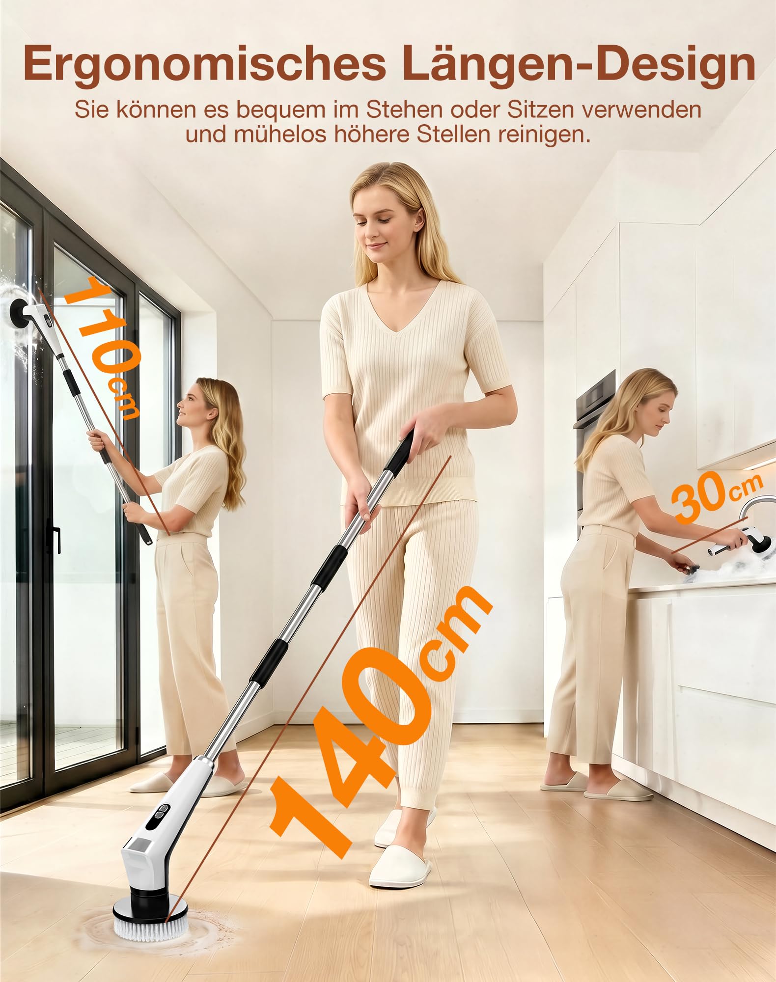 Elektrische Reinigungsbürste mit 9 Wechselbürsten, 3 Geschwindigkeiten, IPX8 Wasserdicht, 3000 mAh Akku, LED Light, Teleskopgriff, 360° Elektrische Bürste zum Putzen für Bad,Küche,Fliesen,Auto