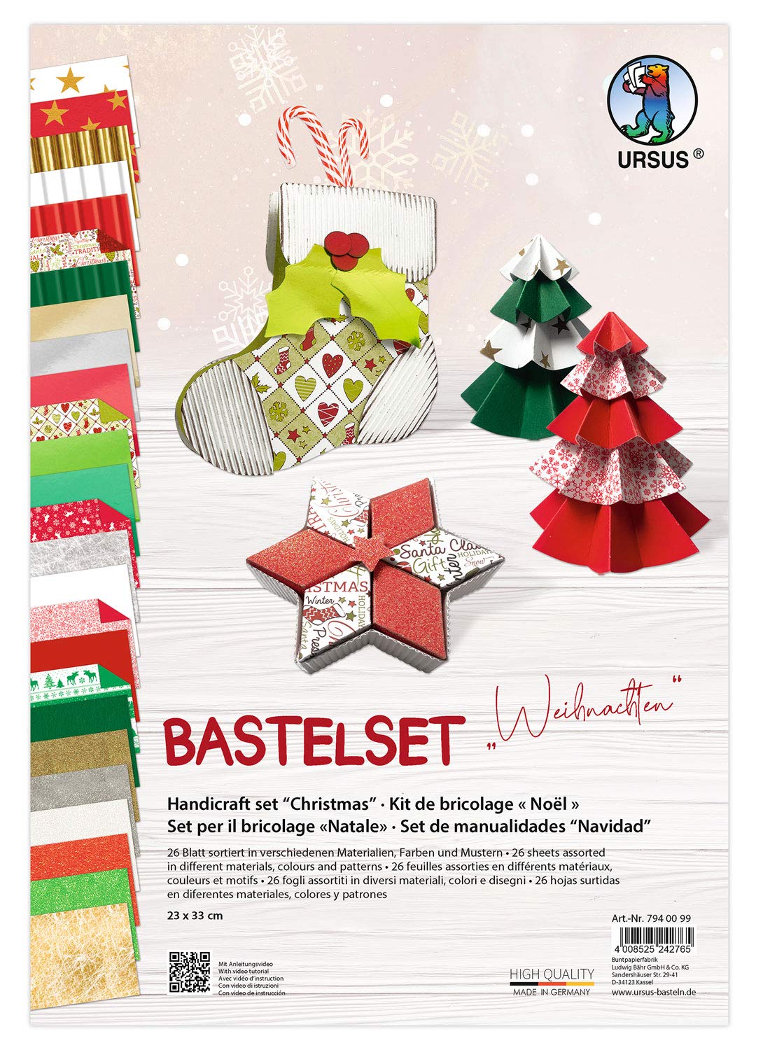 Ursus 7940099 Christmas Craft Set 26 Sheets in Various Materials, Colours and Patterns Approx. 23 x 33 cm for Making Christmas Decorations for Countless Crafting Hours, Colourful
