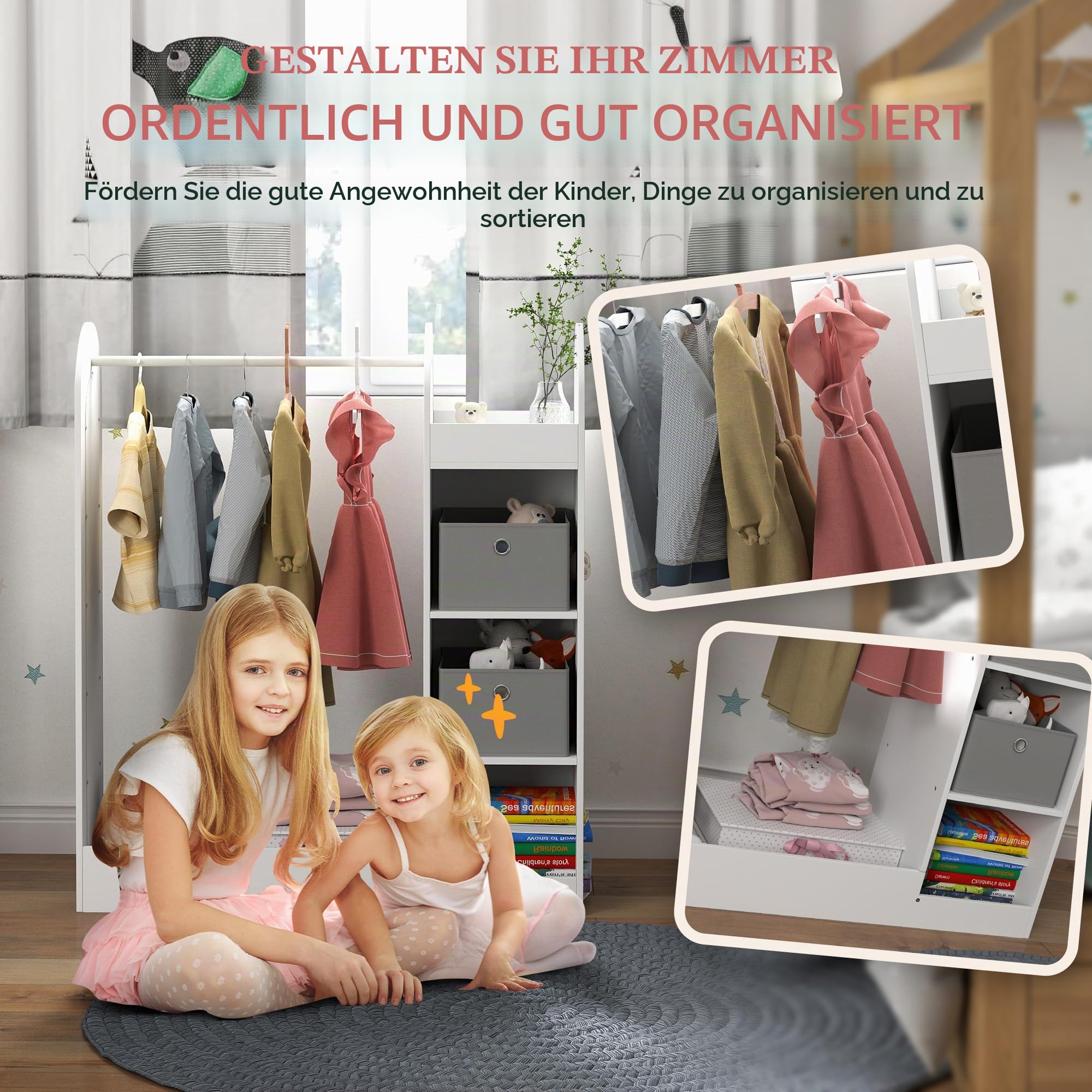 AIYAPLAY Kleiderstange für Kinder, mit Aufbewahrungsregal, Boxen, Spiegel, Kinderschrank für Schlafzimmer, Kinderzimmer, Weiß