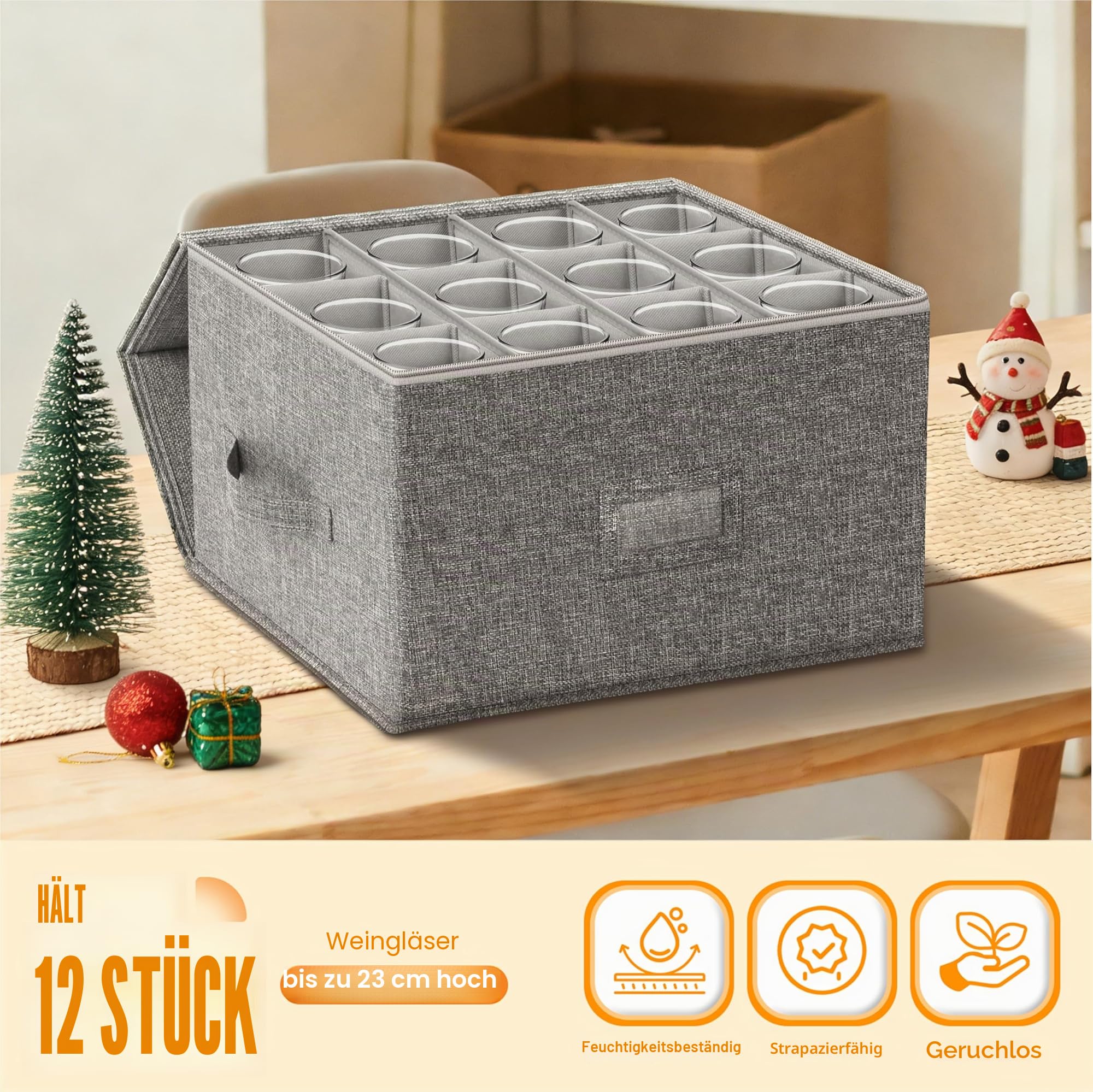 Kukikan Weinglas-Aufbewahrungsbox, Stielglas-Behälter, stapelbar mit Hartschalen-Oberseite unten, Umzugsbedarf, China-Aufbewahrungsbehälter für 24 Kristallgläser, Trinkgeschirr, 19 cm hoch, Grau