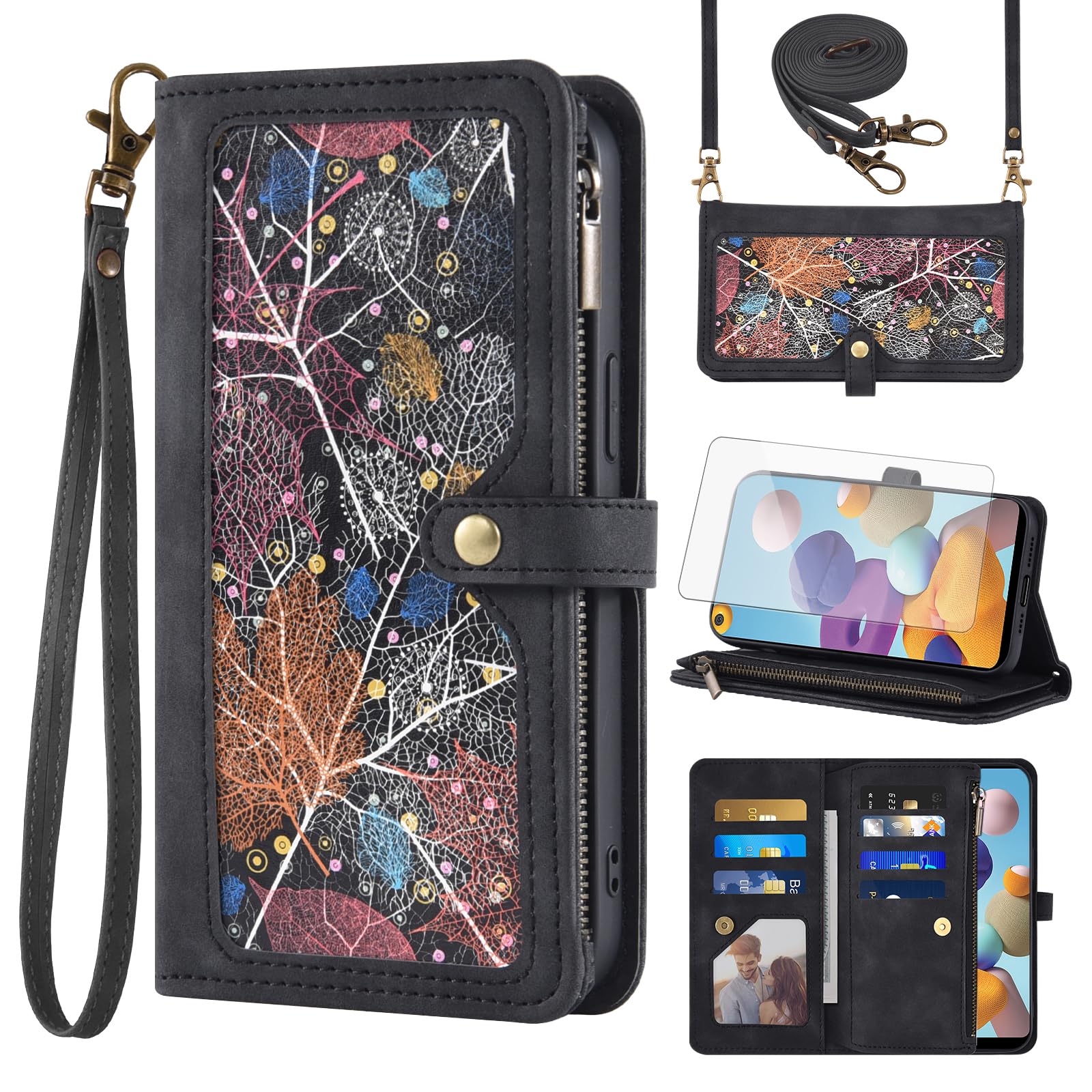 Phone Case for Samsung Galaxy A21 Wallet Cover With Tempered Glass Screen Protector Crossbody Wrist Strap Leather Flip Pattern Zipper Credit Card Holder Stand Cell 21A 2020 SM-A215U Women Men Black
