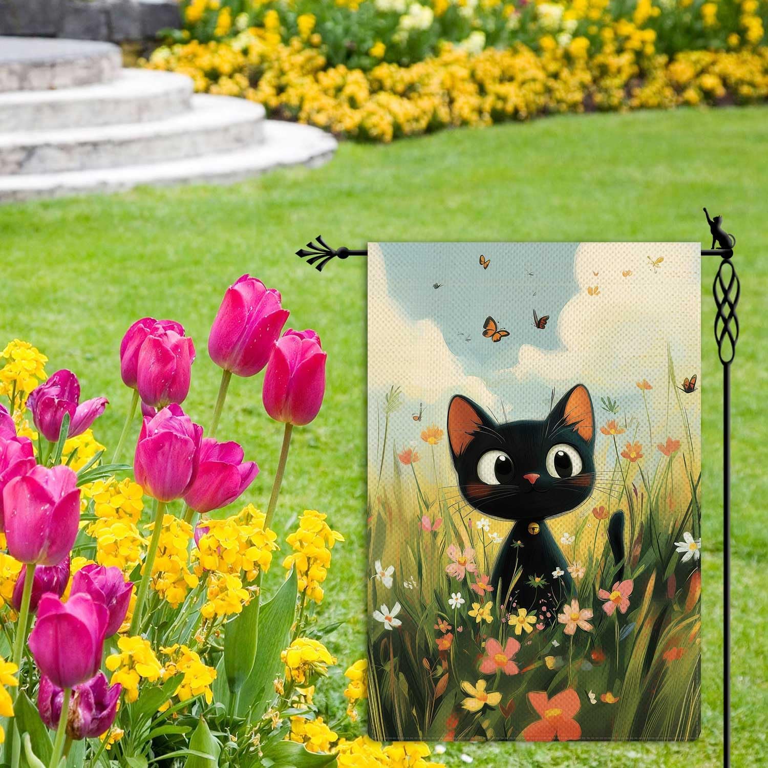 Spring Cute Black Cat Garden Flag Spring Summer Butterfly Floral Flowers Garden Flag Vertical Double Sided Rustic Farmland Burlap Yard Lawn Outdoor Decor 12.5x18" - Image 2