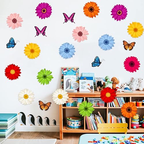 Miniatura 7 de 60 piezas de recortes de flores de otoño para tablón de anuncios, calcomanías de pared de margaritas de verano, mariposas, decoración de pared para