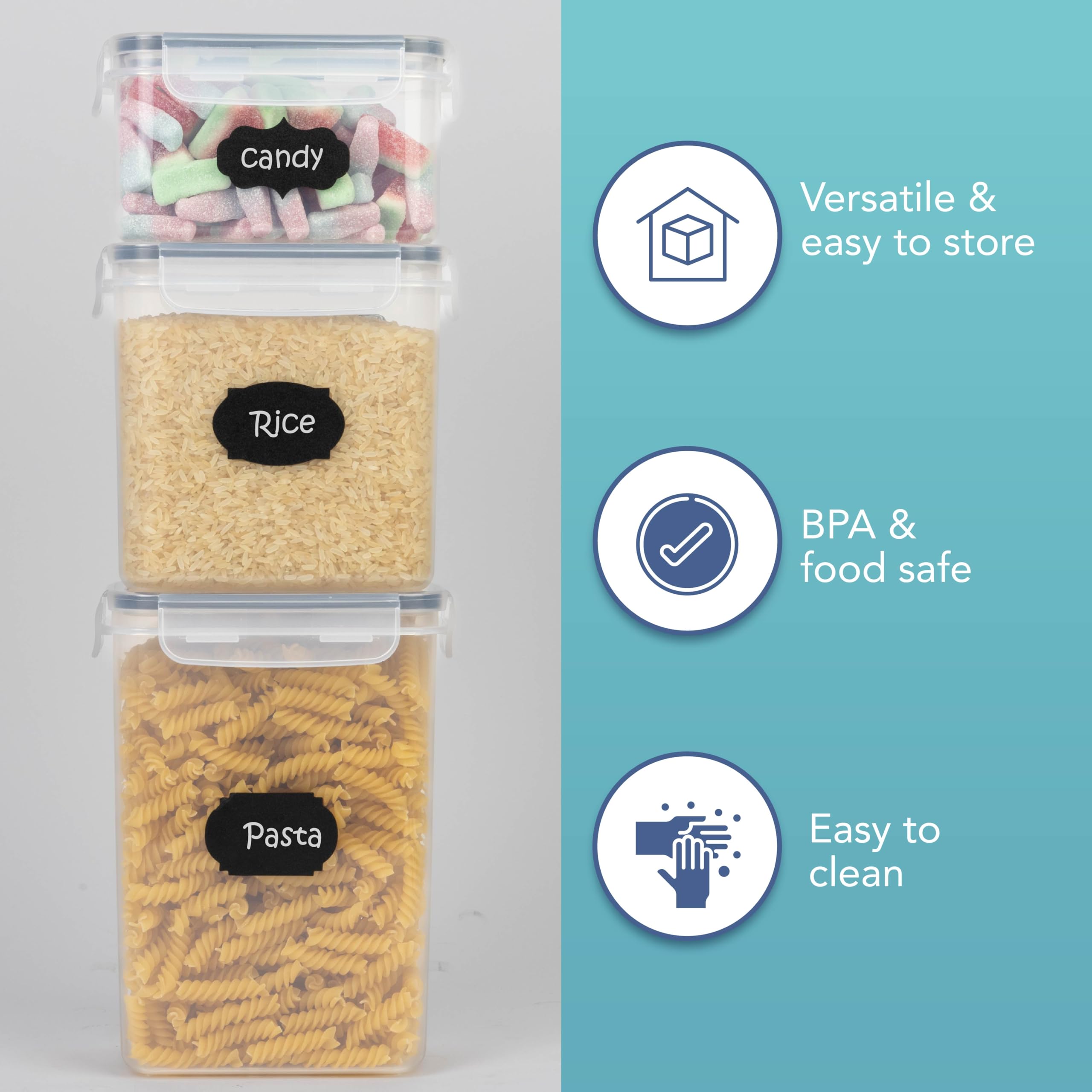 HEFTMAN Lot de 24 Boites Alimentaires Hermétiques | Boite de Rangement Cuisine en Plastique Transparent sans BPA pour Aliments, Céréales, Farine et Pâtes - avec Étiquettes