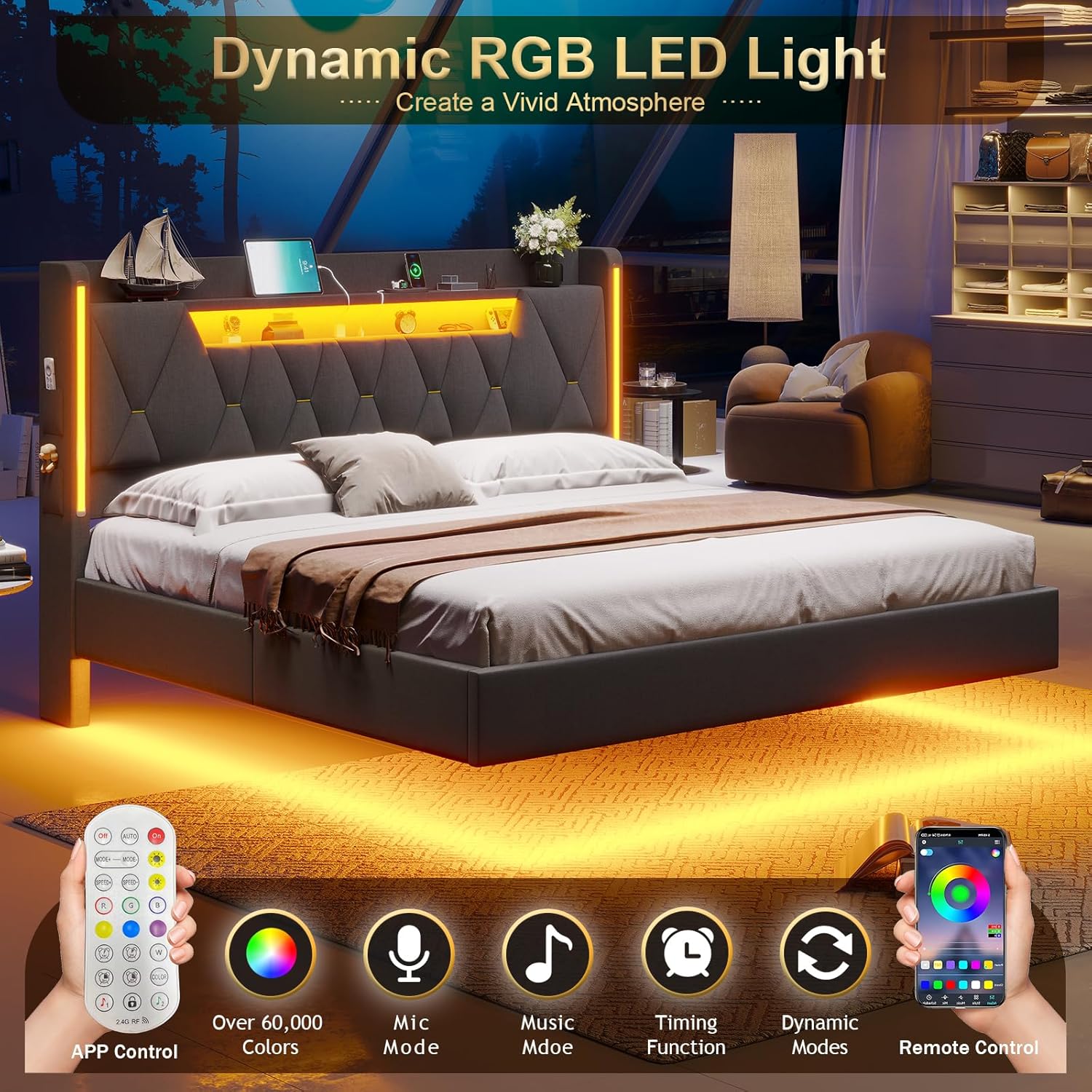 Bed frame illuminated with dynamic RGB LED lights, showing remote and app control options.