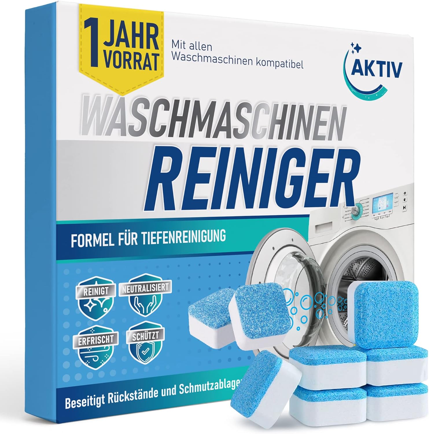 Product image of Aktiv 24x Waschmaschinenreiniger Tabs extra stark gegen Geruch & Kalk - Waschmaschinen Reiniger mit Formel für Tiefenreinigung - Waschmaschine Hygiene Reinigung 1 Jahres Vorrat