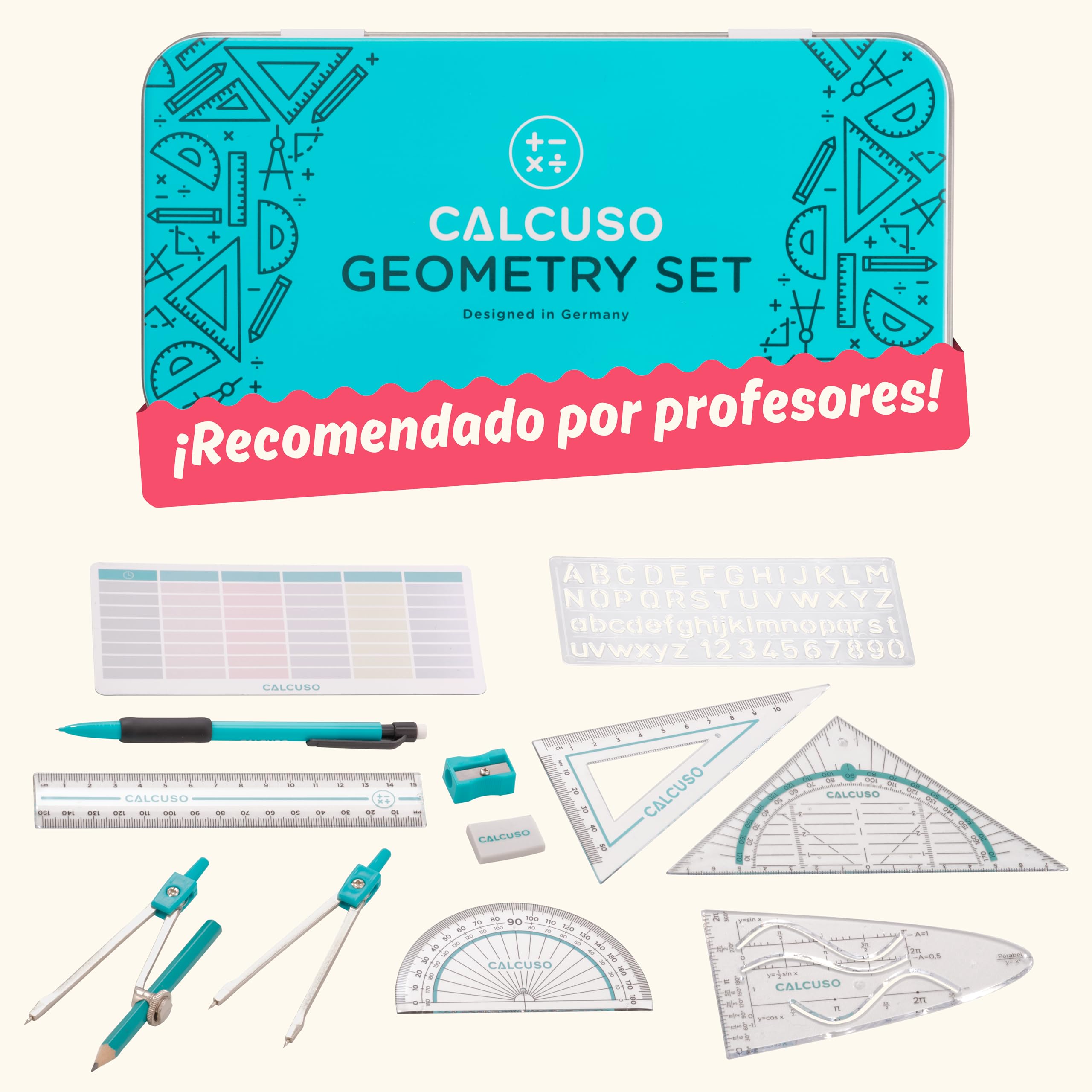 CALCUSO Juego de brújula de geometría de 12 piezas con brújula, juego cuadrado, parábola, lápiz, borrador y sacapuntas en caja de metal resistente, práctico juego de matemáticas