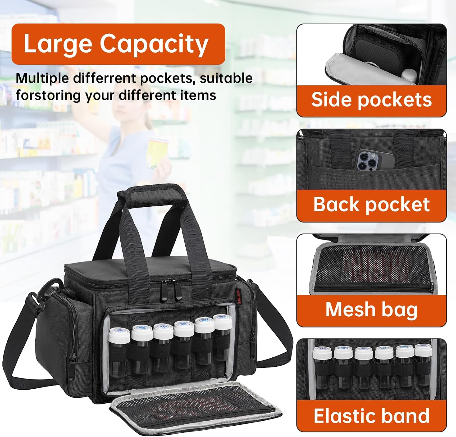 Medicine Storage Bag, Pill Bottle Organizer with Portable Small Pouch, Medication Bottle Organizer Empty with Shoulder Strap for Home Storage and Travel