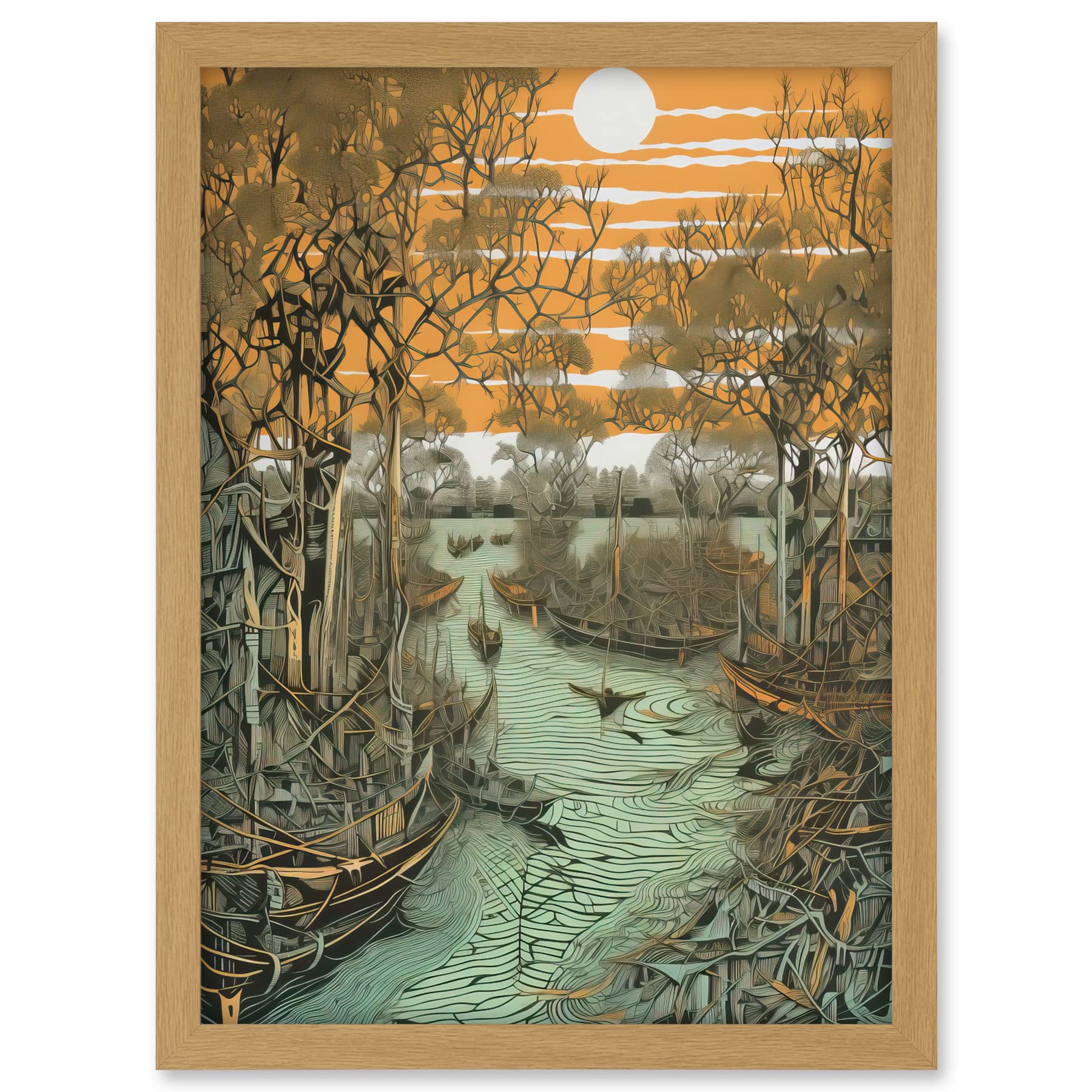 Artery8 Mangrove Forest Swamp Landscape Linocut Style Artwork Framed A3 Wall Art Print