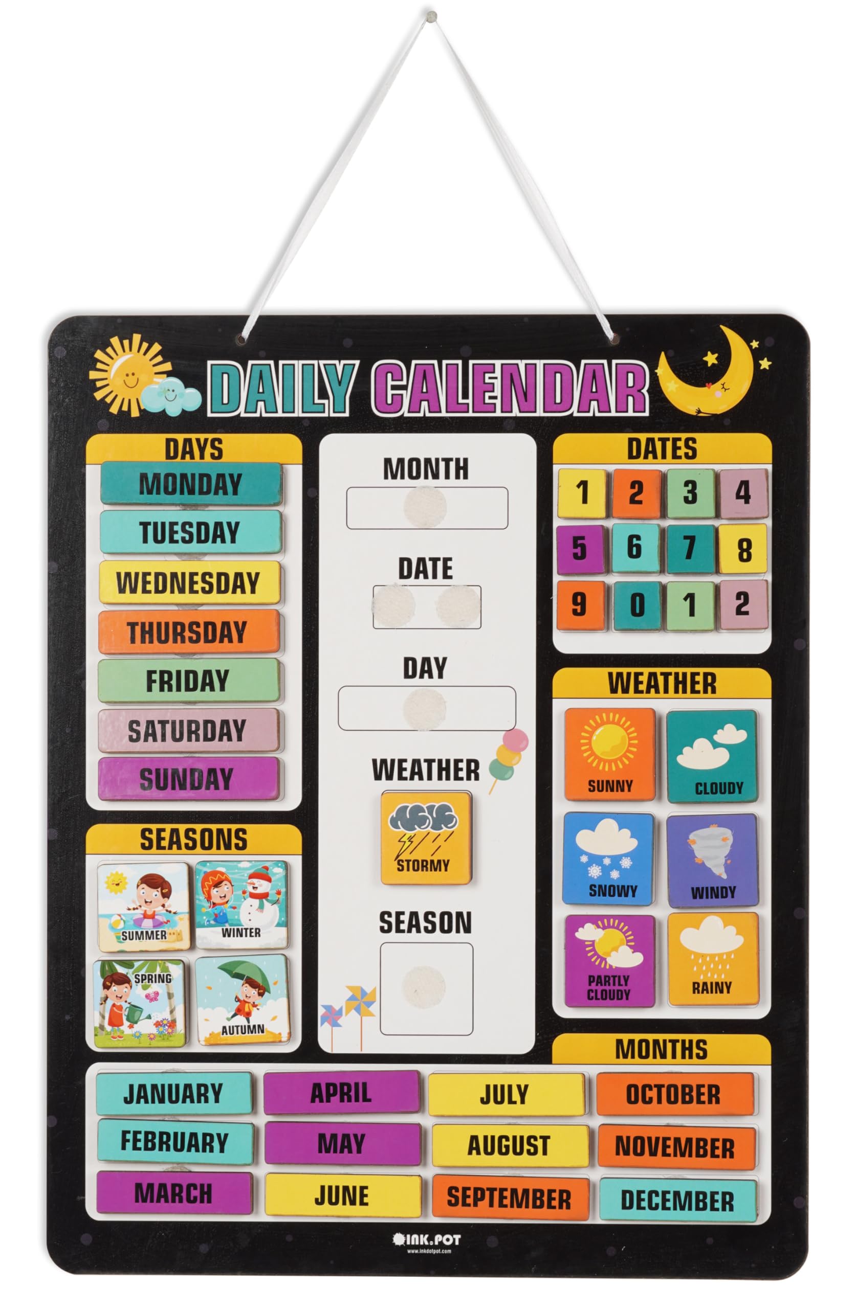 Inkdotpot My First Calendar Board For Kids, Preschool Wall Hanging Month/Date/Day/Weather/Season (42 Pieces); Classroom Learning Calendar Board, 14.5 x 11.5 inches-Multicolor