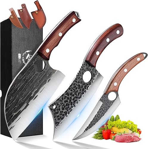 Upgraded Serbian Chef Knife Butcher Cleaver Knife for Meat Cutting Viking Boning Knife Set 3 Pcs