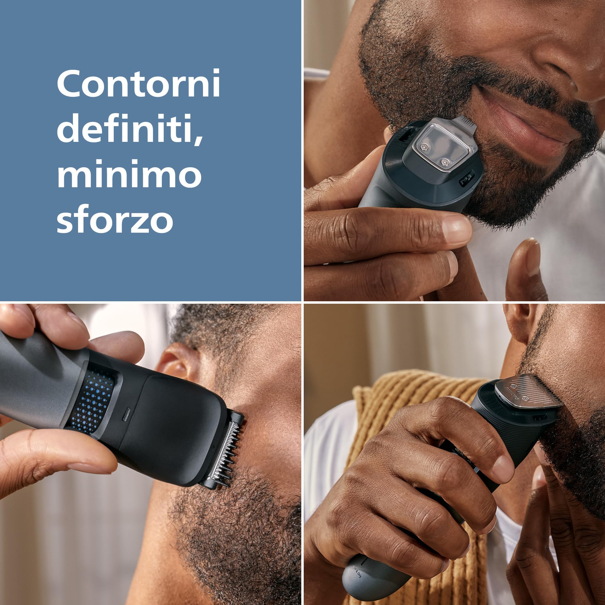Regolabarba Philips serie 7000 - Lame in metallo autoaffilanti, 40 impostazioni di lunghezza, tecnologia BeardSense, raccoglitore per peli, 100% impermeabile, rifinitore ampio, modello BT7670/15