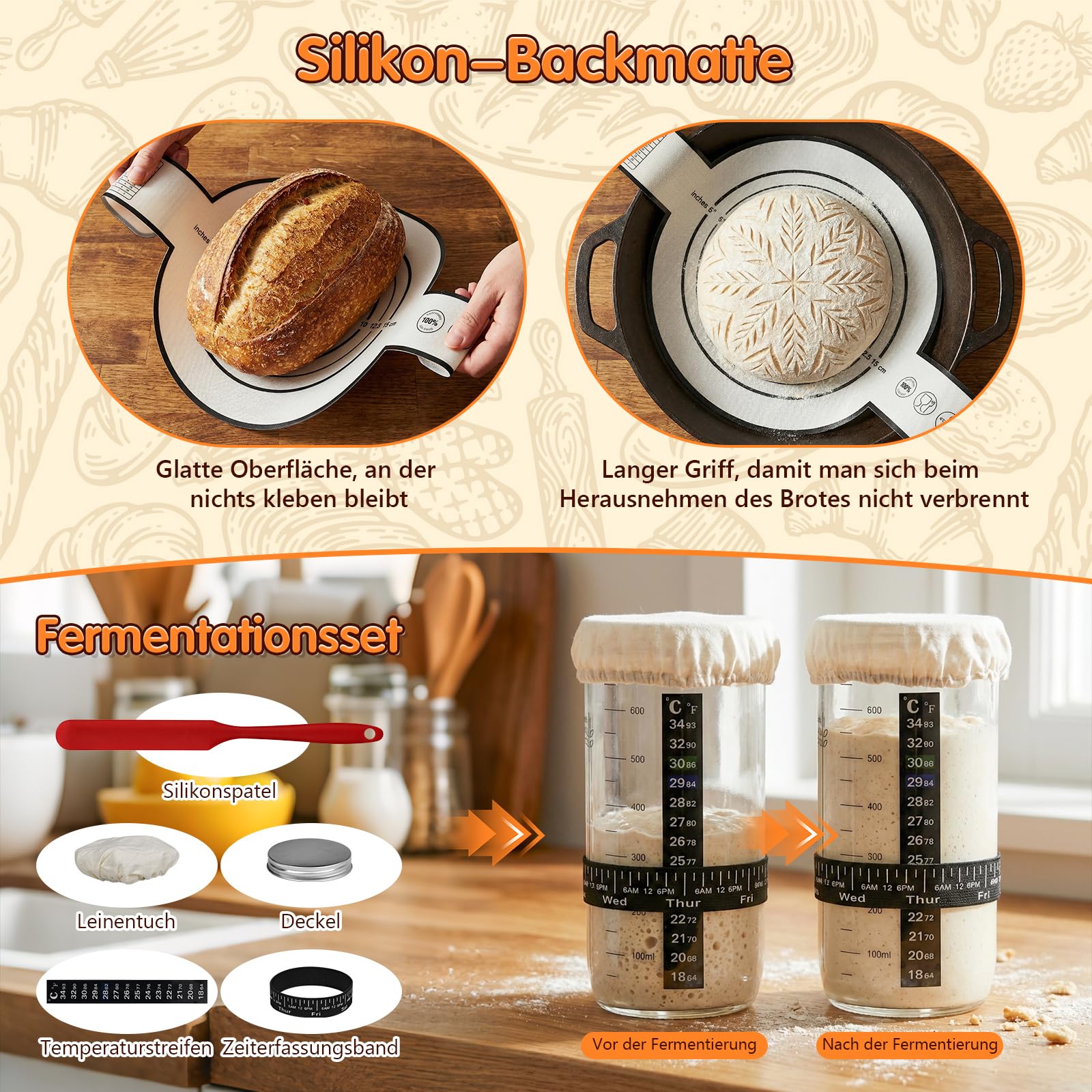 Zestaw koszyków do garowania z 2 naturalnymi rattanowymi koszami do fermentacji (23 cm okrągły i owalny 25 cm), zestaw startowy do pieczenia chleba, kompletny zestaw do pieczenia chleba dla