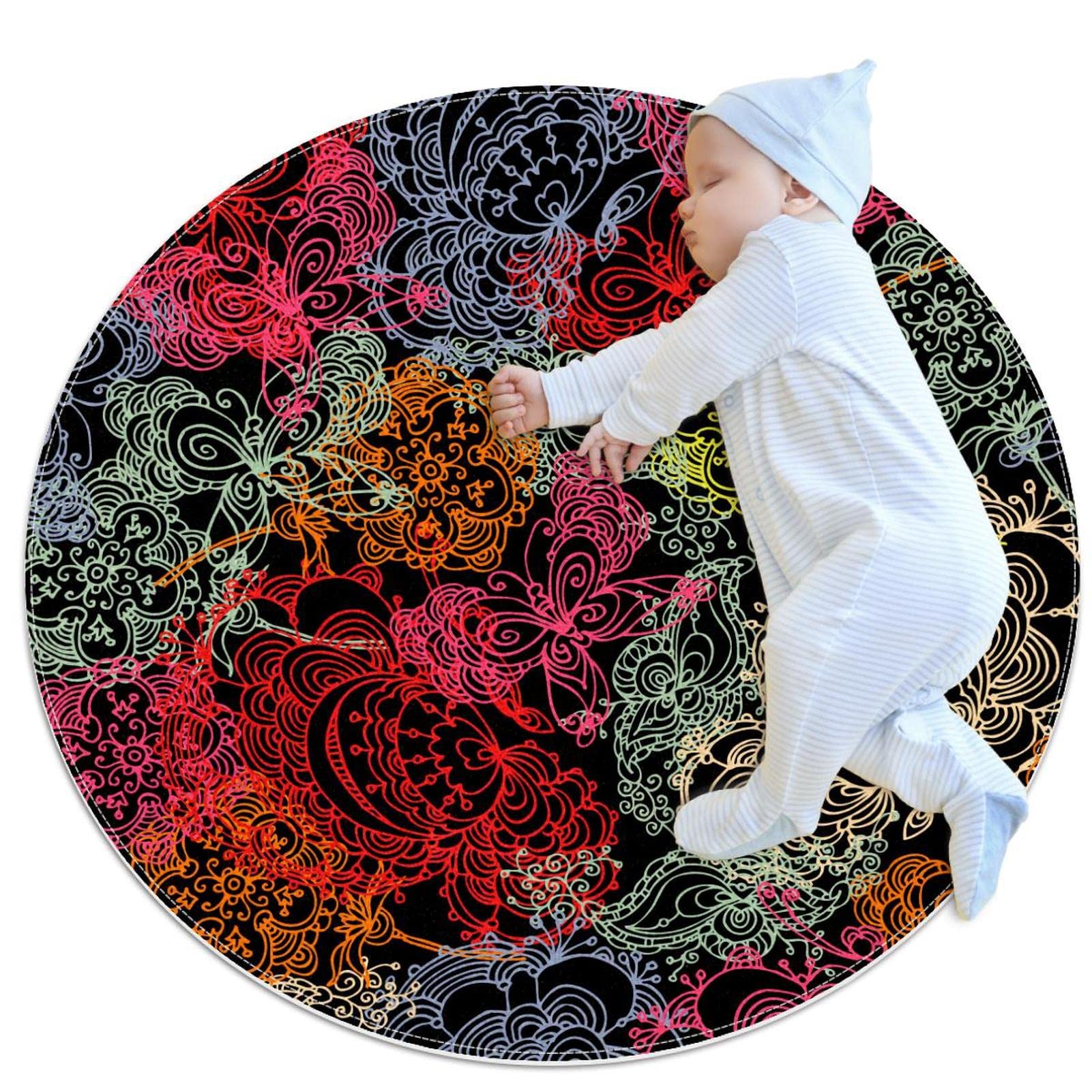 Tapis de salle de bain rond 1m papillon noir antidérapant pour chambre