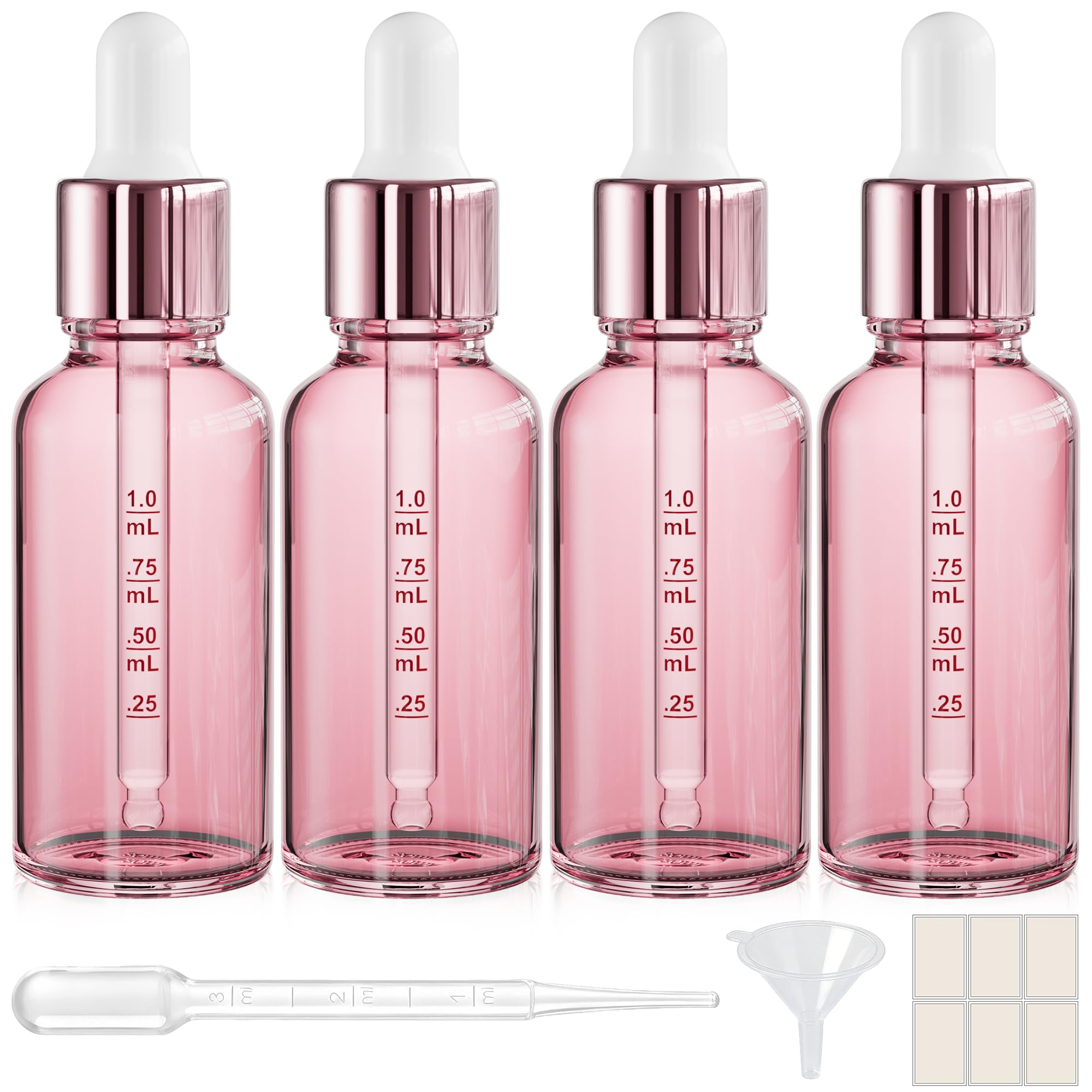 PrettyCare 4 Pack 1oz Dropper Bottles for Essential Oils with Labels, Funnel &amp; Measured Pipettes, 30 ml Leak Proof Rose Glass Essential Oils Bottles- Empty Tincture Bottles for Personal Care &amp; Beauty