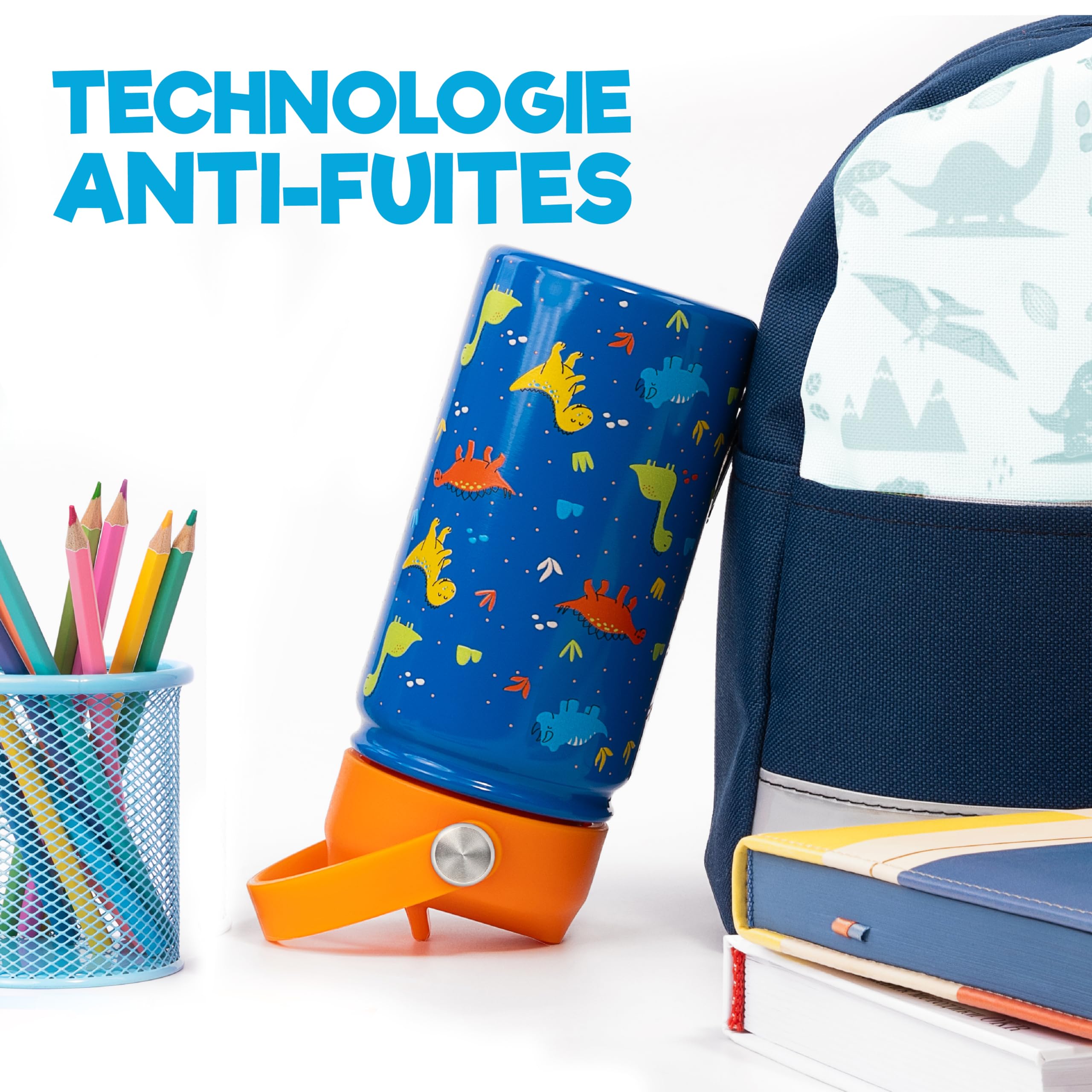 Sweety Fox - Gourde Isotherme Enfant Dino avec Pailles et Goupillon - Gourde Enfant INOX sans BPA pour Enfants de 3 Ans et Plus