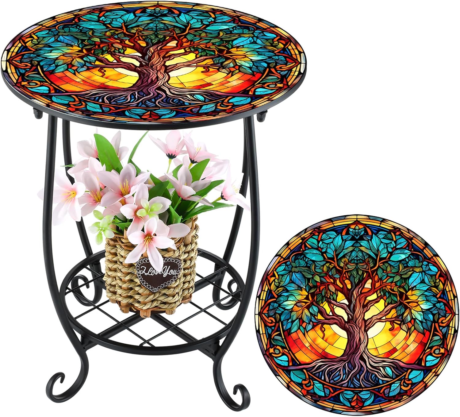 Outdoor Side Table Round Small Mosaic Patio Accent Indoor End Plant Metal Coffee Tea Table for Yard Porch Garden Patio Living Room, Bedroom(Tree Style,14 Inch) 14 Inch Tree Style