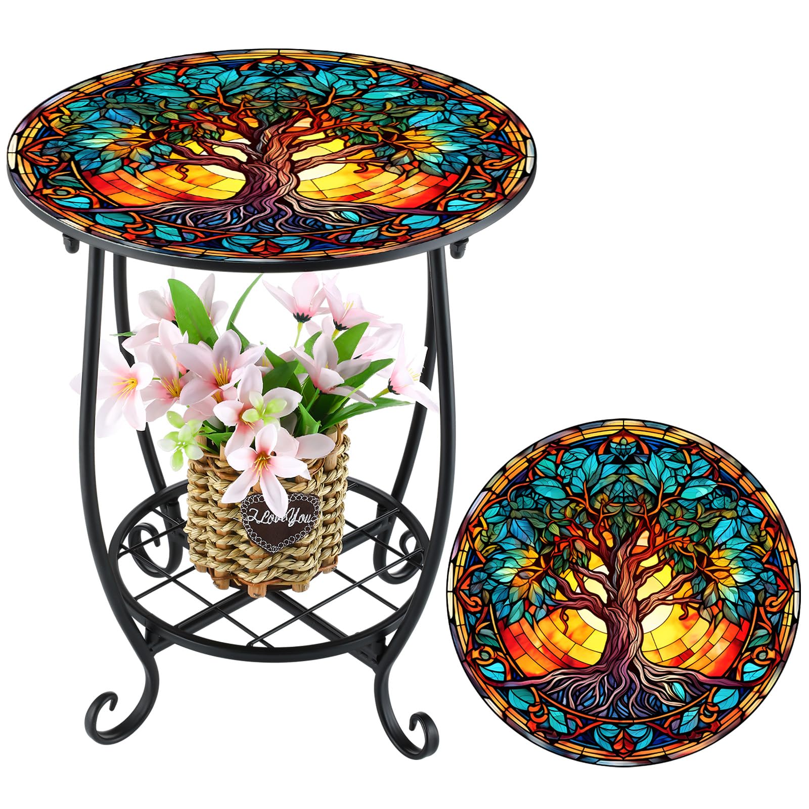 Cinnvoice Outdoor Side Table Round Small Mosaic Patio Accent Indoor End Plant Coffee Tea Table for Yard Patio Porch Garden Living Room, Bedroom(Tree