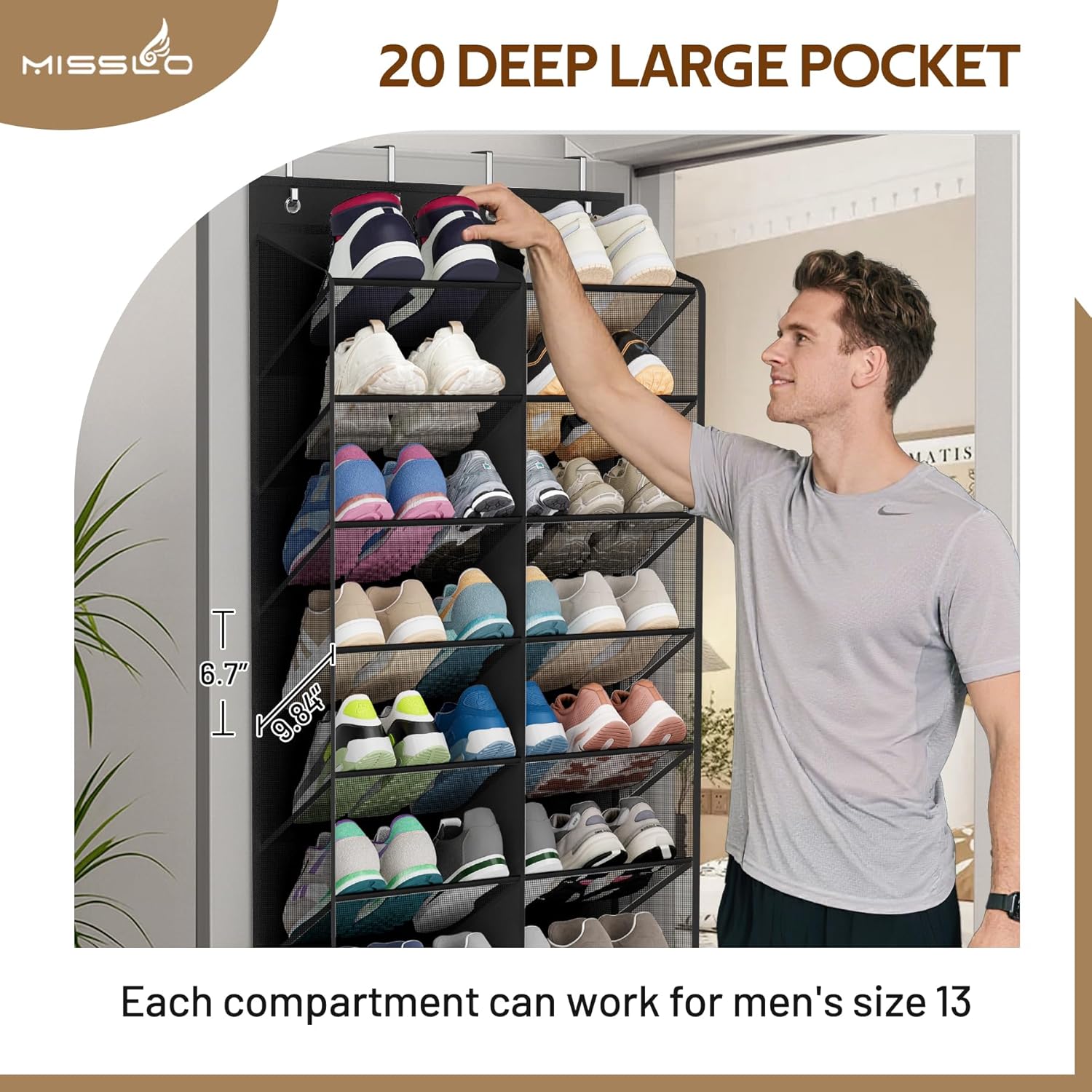 MISSLO 30 Pairs Over the Door Shoe Organizer Breathable Mesh Hanging Shoe Rack for Closet Storage with Wide Deep Pockets 10 Tier Shoes Holder Fit All the Family's Sneakers, Boots, Heels (Black, 71")