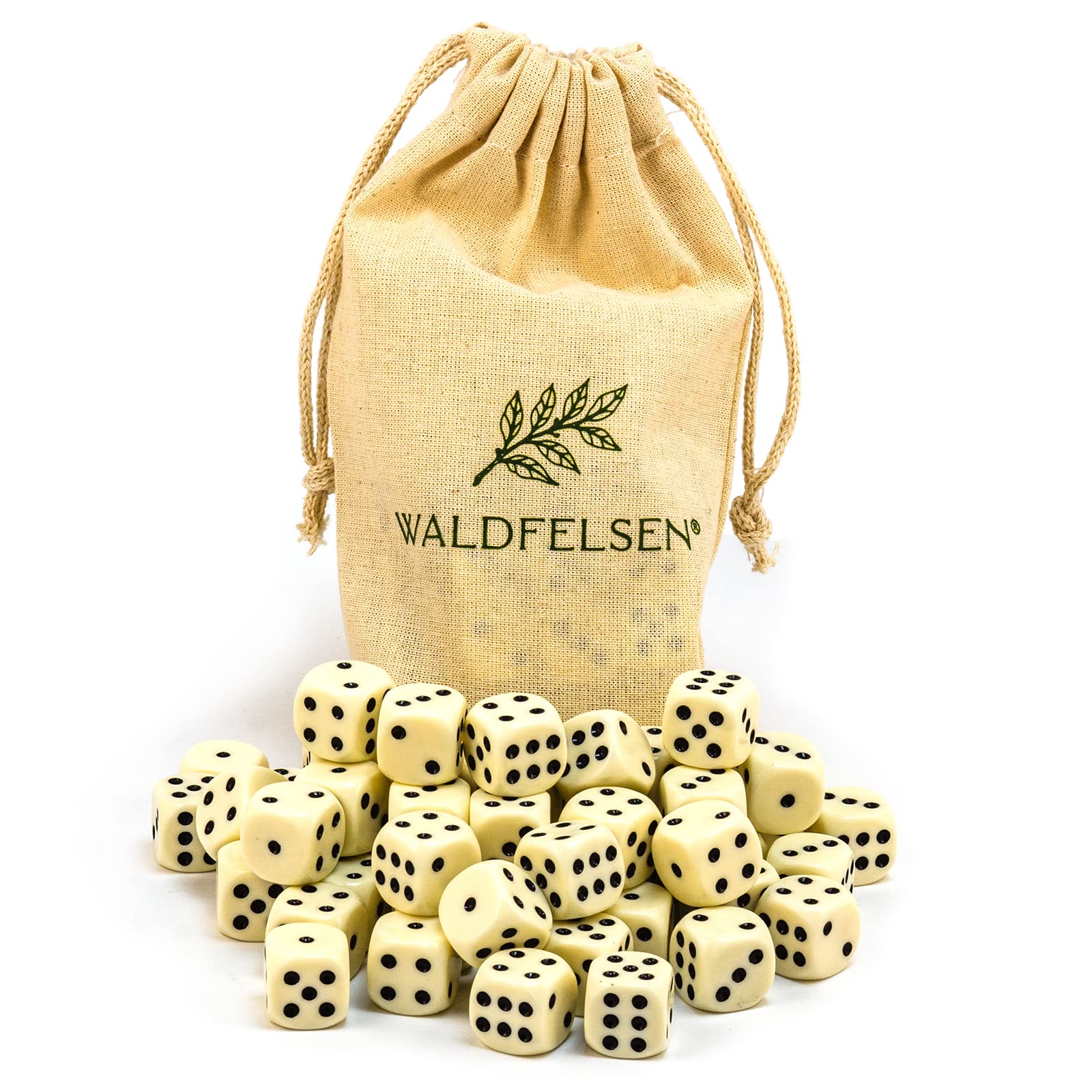Waldfelsen 6, 12, 20, 30 or 50 High Quality Dice Standard Size 16mm Acrylic Dice Puzzle Game Dice 6-Sided Six Sided Game Accessories Set with Cloth Bag (Ivory, 50pcs)