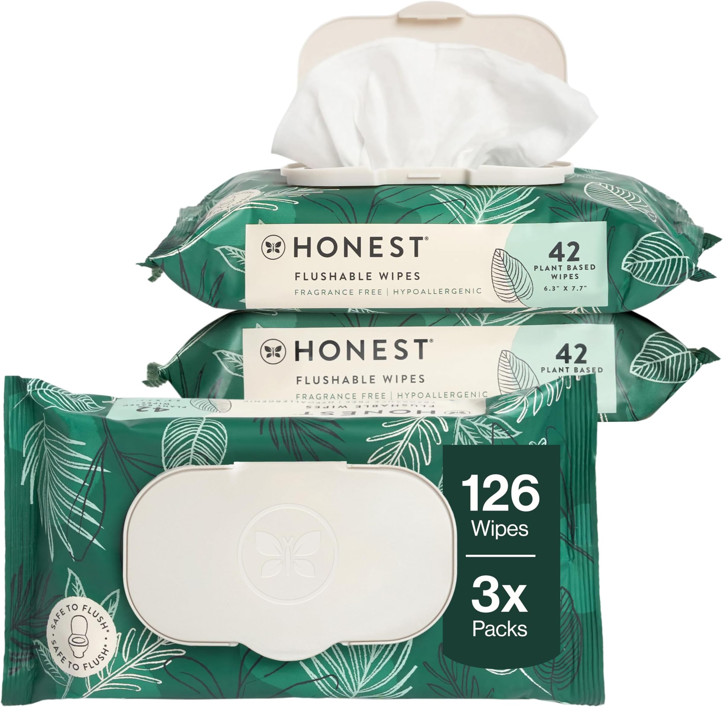 The Honest Company Hypoallergenic Flushable Wipes for Sensitive Skin, Tropical Leaves, 126 Count