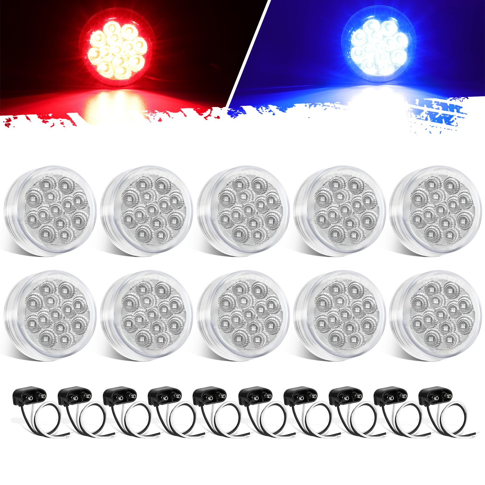 Partsam 10Pcs Dual Color 2.5 inch Round LED Marker Light, Red Side Marker Clearance Lights to Blue Auxiliary Lights for Trailer Truck Pickup Camper RV, Clear Lens,12V, Waterproof