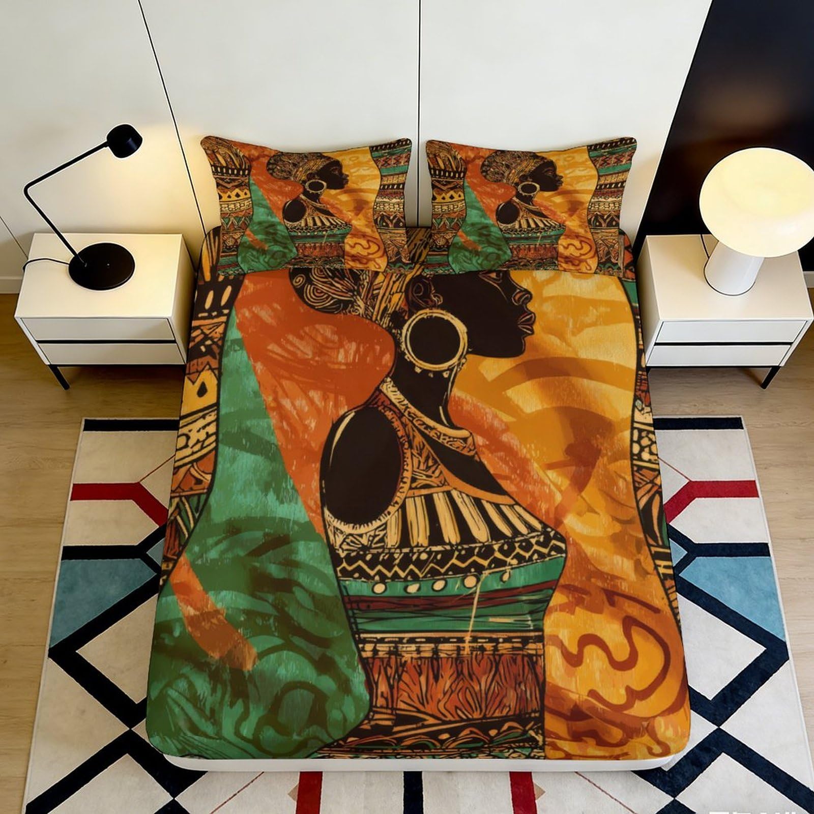 3D Printed African Ethnic Fitted Sheet Microfiber Orange Green Tribal Art Mattress Cover Bedroom Dorm Protector Decor 90x200x25cm