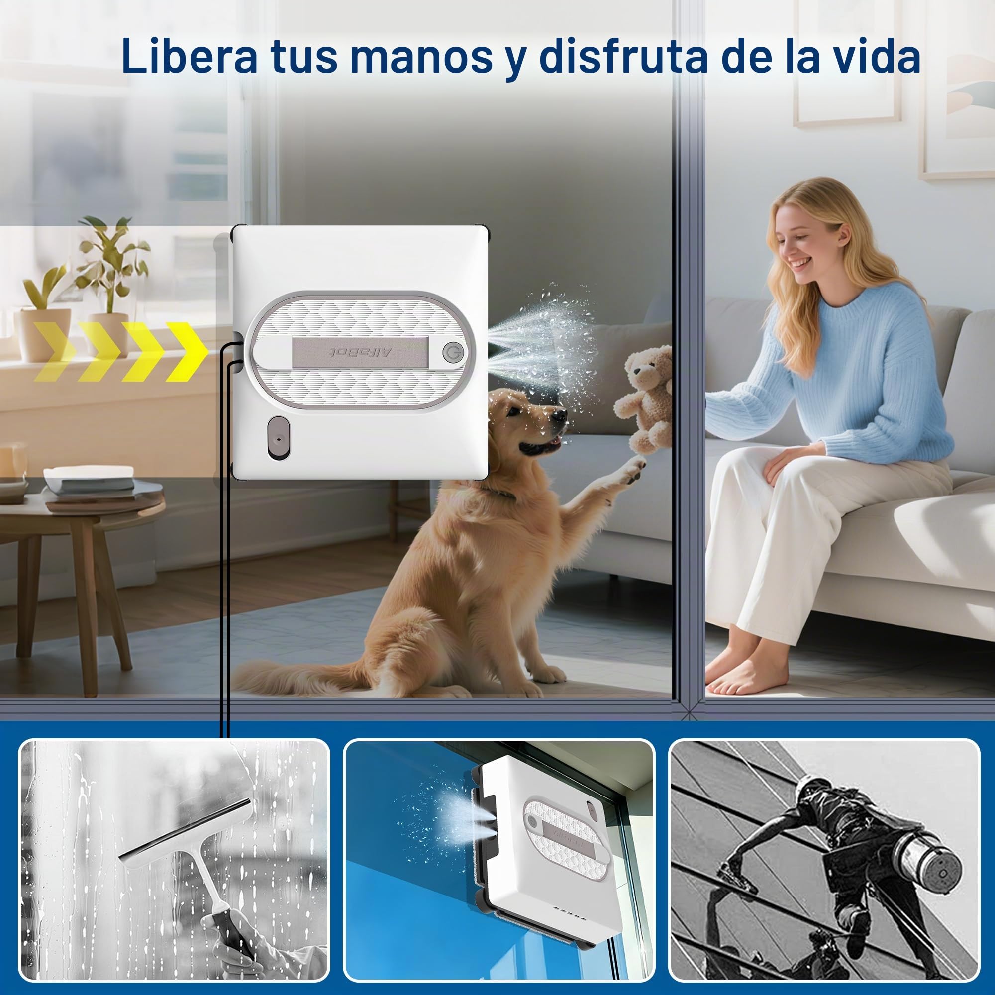 AlfaBot GLS480 Robot Limpiacristales, Robot de Limpieza de Ventanas 5000 Pa, Limpiador Automático deVentanas con 4 Boquillas de Pulverización, 5 Modos de Limpieza
