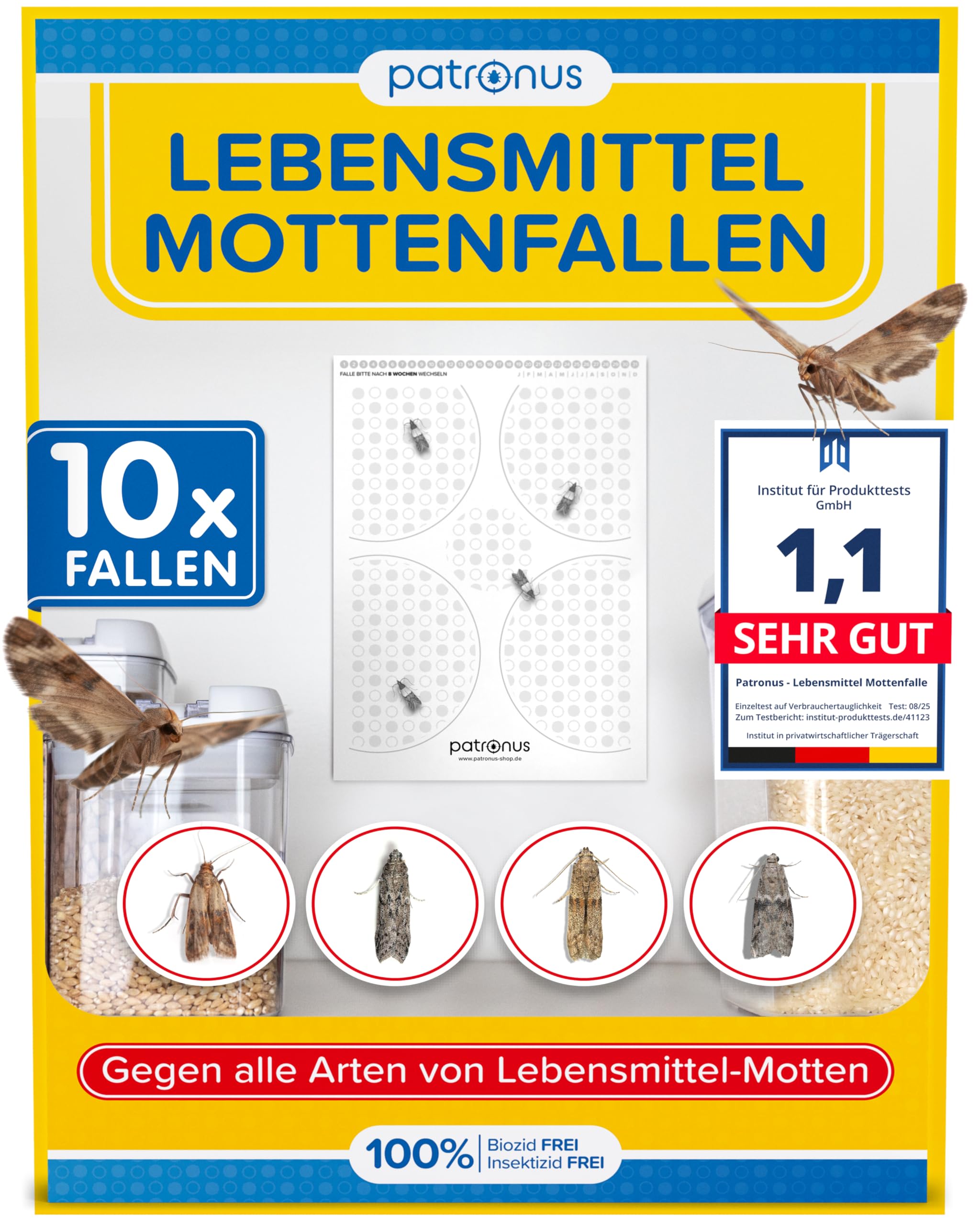 Patronus Lebensmittelmotten-Falle [10 Stück Vorteilspack] - Mottenfalle gegen Lebensmittel-Motten mit maximaler Lockwirkung - Pheromonfalle mit Hochleistungs-Leim zur Befallsermittlung